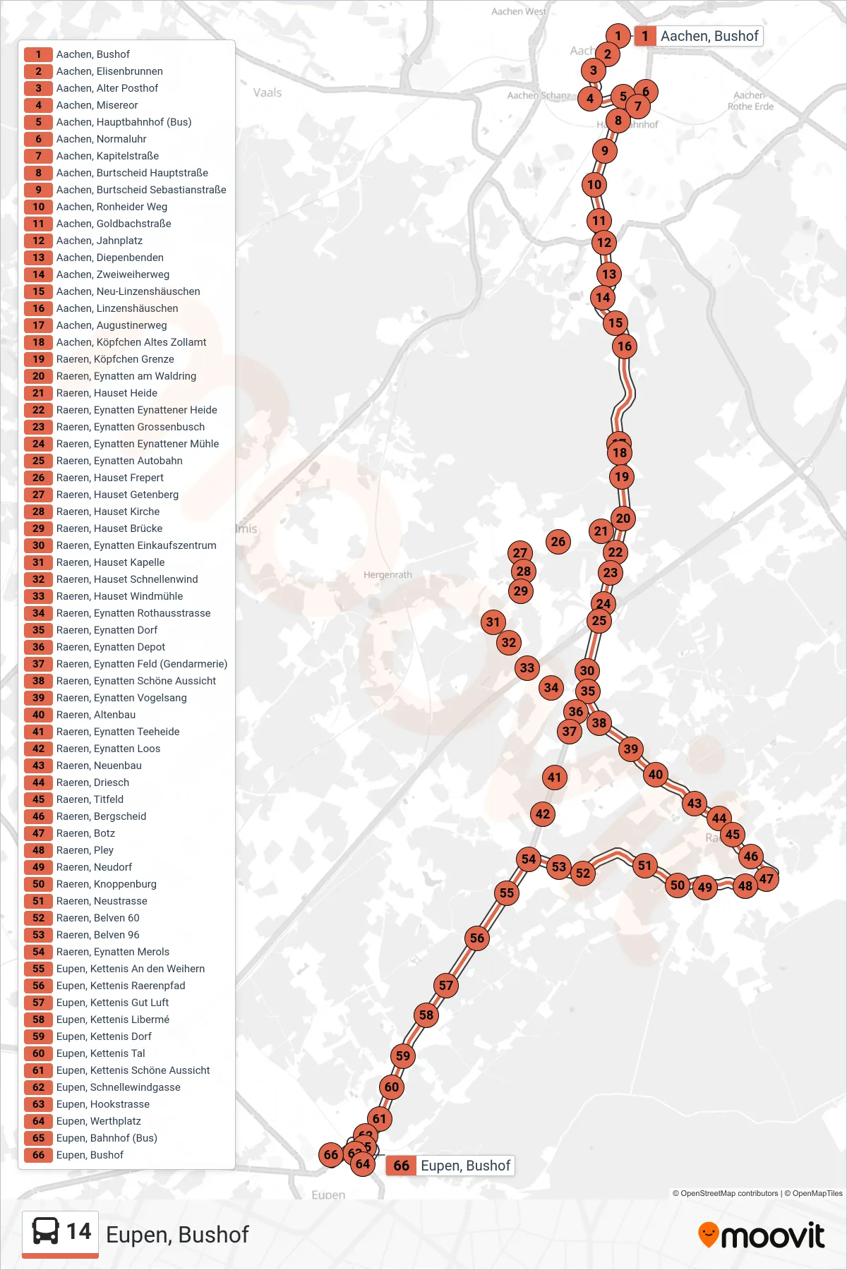 Linie 14 (Bus) Richtung Eupen, Bushof: Route und Haltestellen auf der Karte