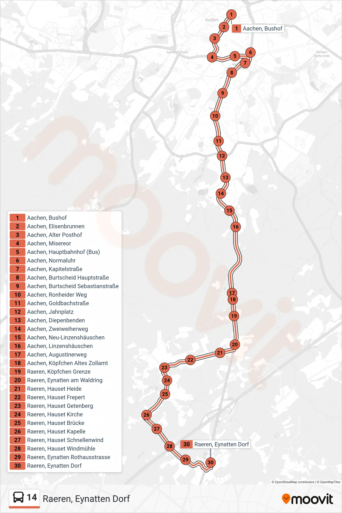 Linie 14 (Bus) Richtung Raeren, Eynatten Dorf: Route und Haltestellen auf der Karte