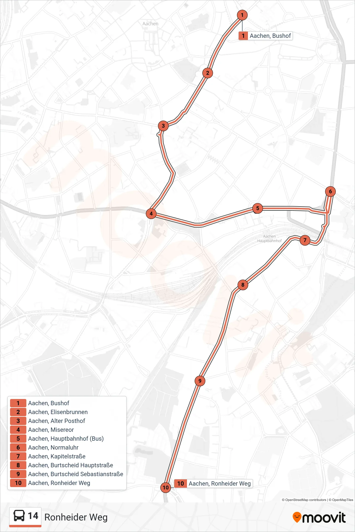 Linie 14 (Bus) Richtung Ronheider Weg: Route und Haltestellen auf der Karte