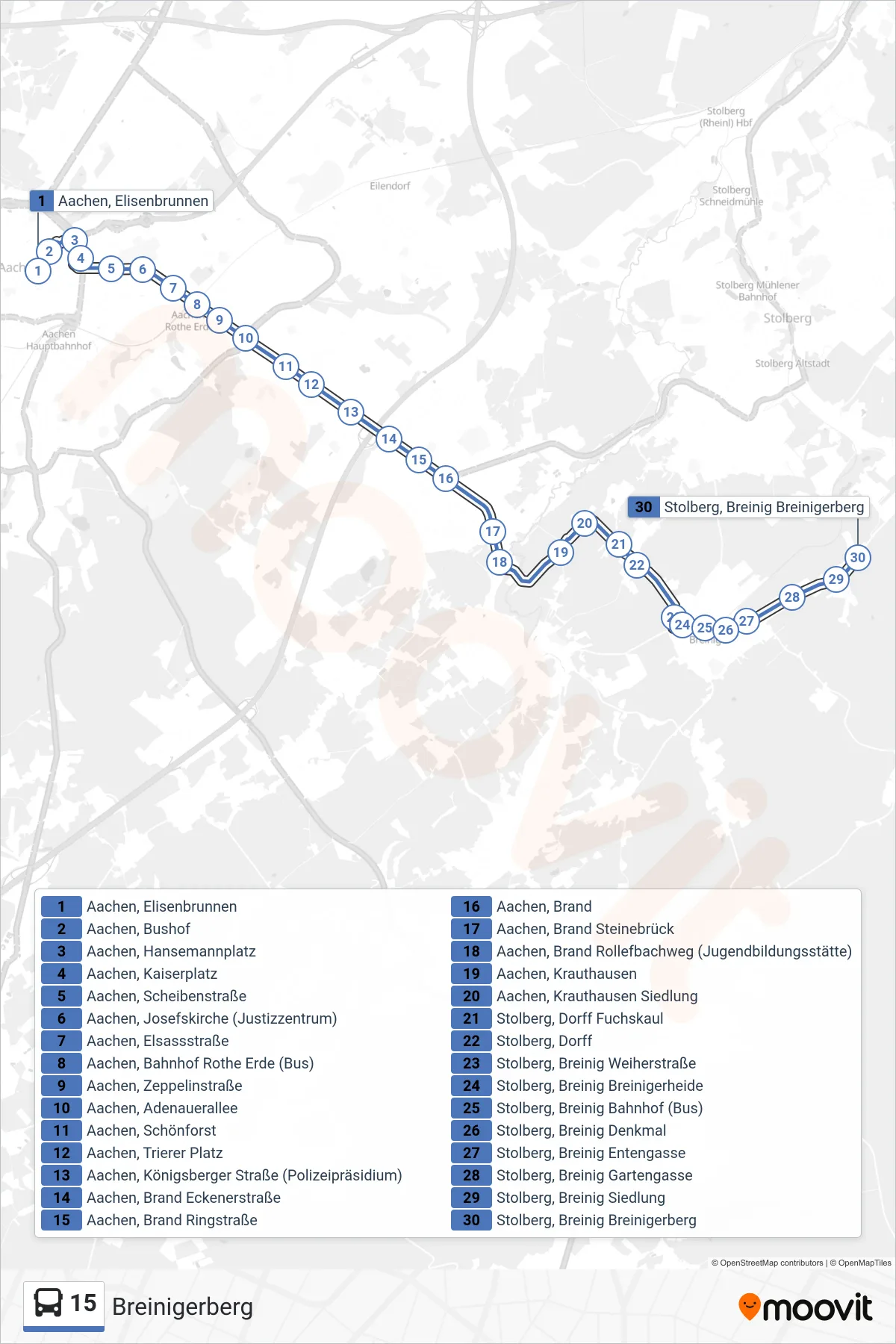 Linie 15 (Bus) Richtung Breinigerberg: Route und Haltestellen auf der Karte