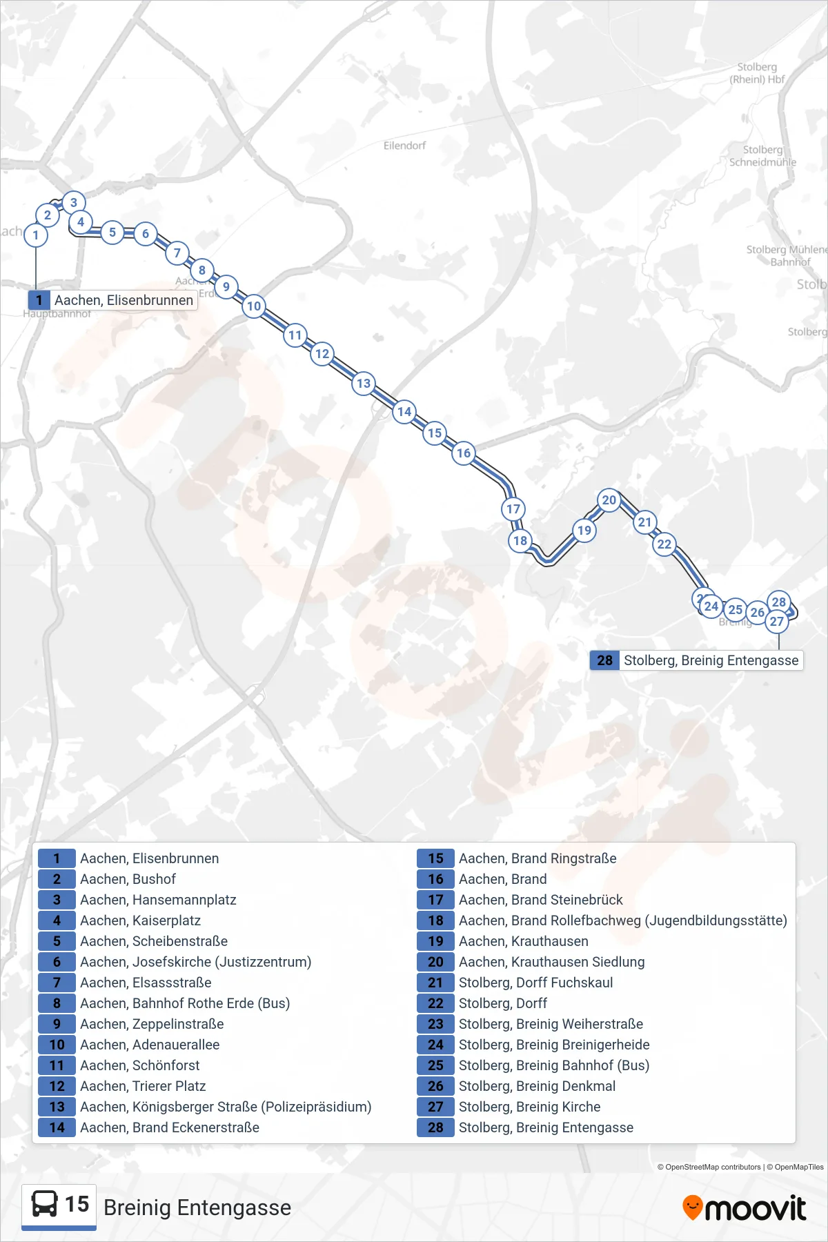 Linie 15 (Bus) Richtung Breinig Entengasse: Route und Haltestellen auf der Karte