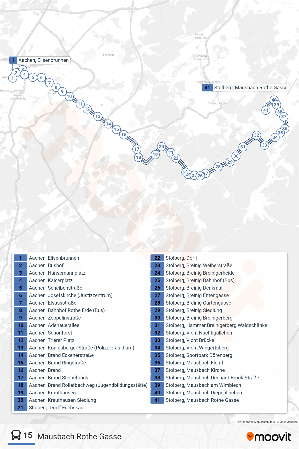15 bus Line (Mausbach Rothe Gasse) route and stops on a map