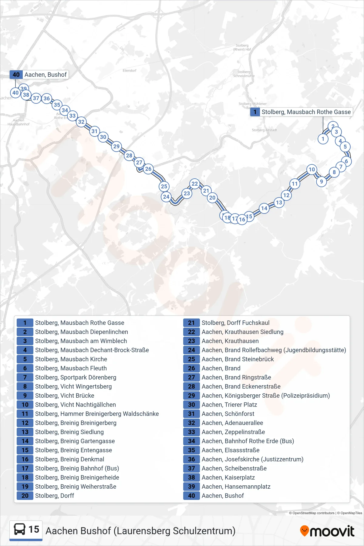 Linie 15 (Bus) Richtung Aachen Bushof (Laurensberg Schulzentrum): Route und Haltestellen auf der Karte