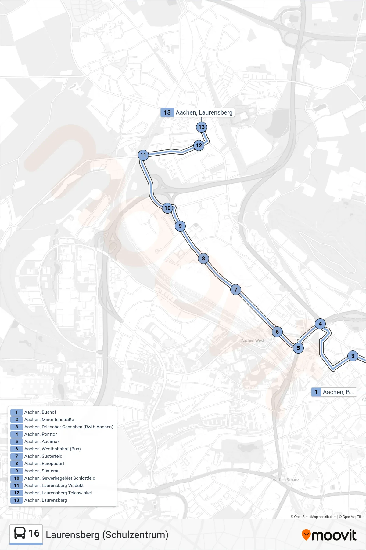 Linie 16 (Bus) Richtung Laurensberg (Schulzentrum): Route und Haltestellen auf der Karte