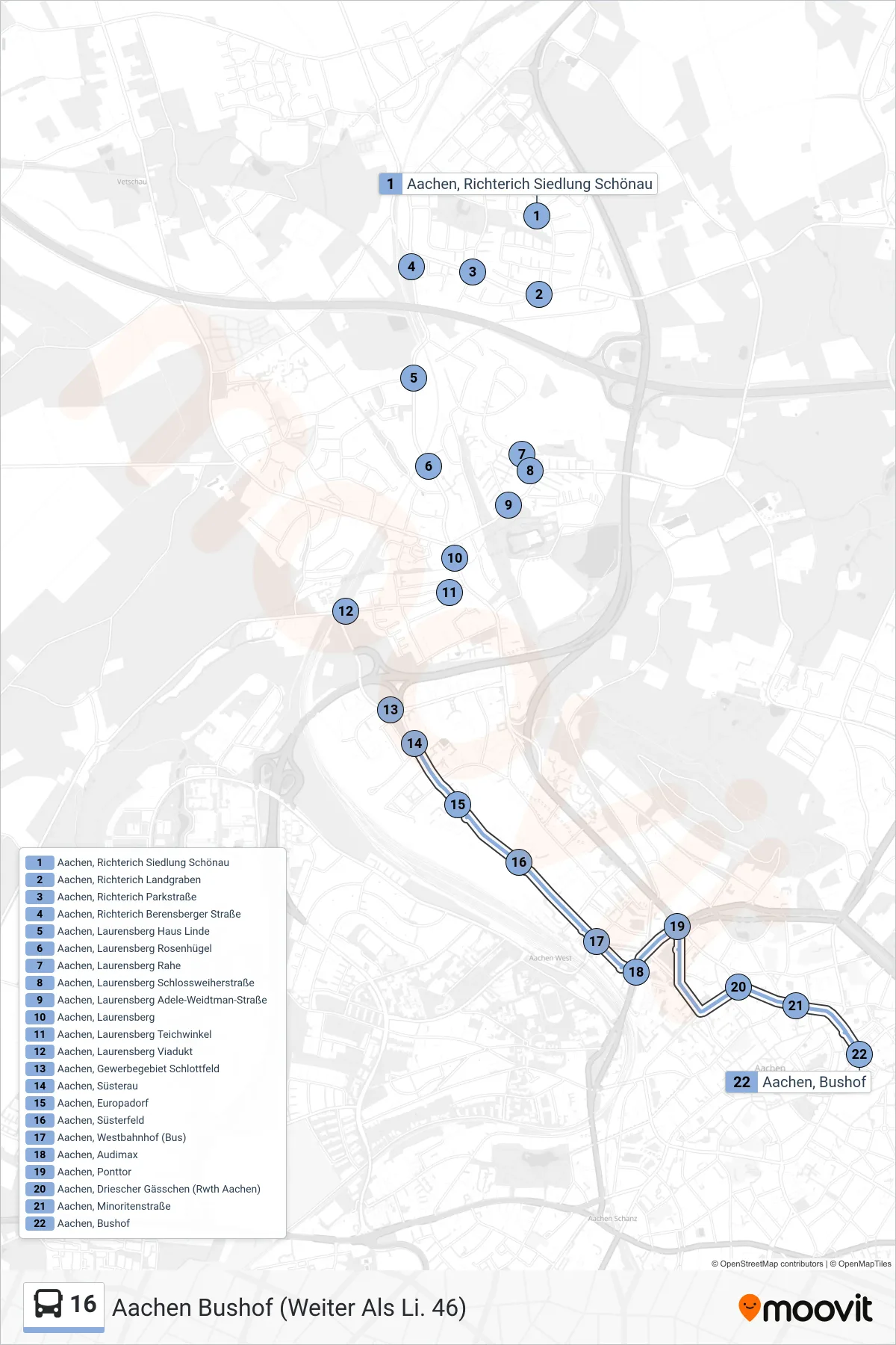 Linie 16 (Bus) Richtung Aachen Bushof (Weiter Als Li. 46): Route und Haltestellen auf der Karte