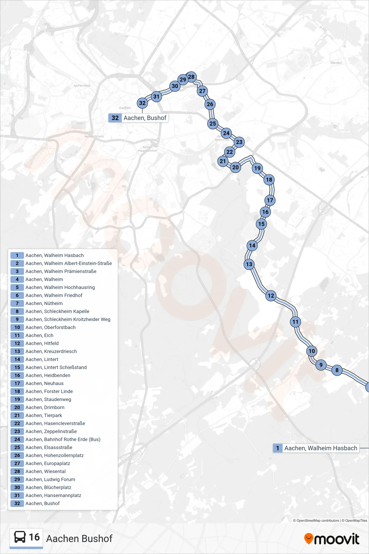 16 bus Line (Aachen Bushof) route and stops on a map