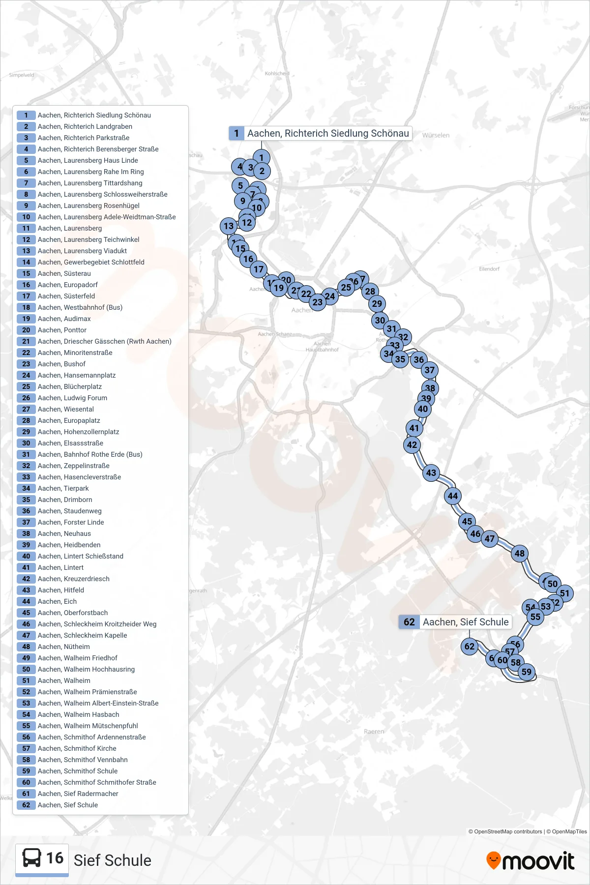 Linie 16 (Bus) Richtung Sief Schule: Route und Haltestellen auf der Karte