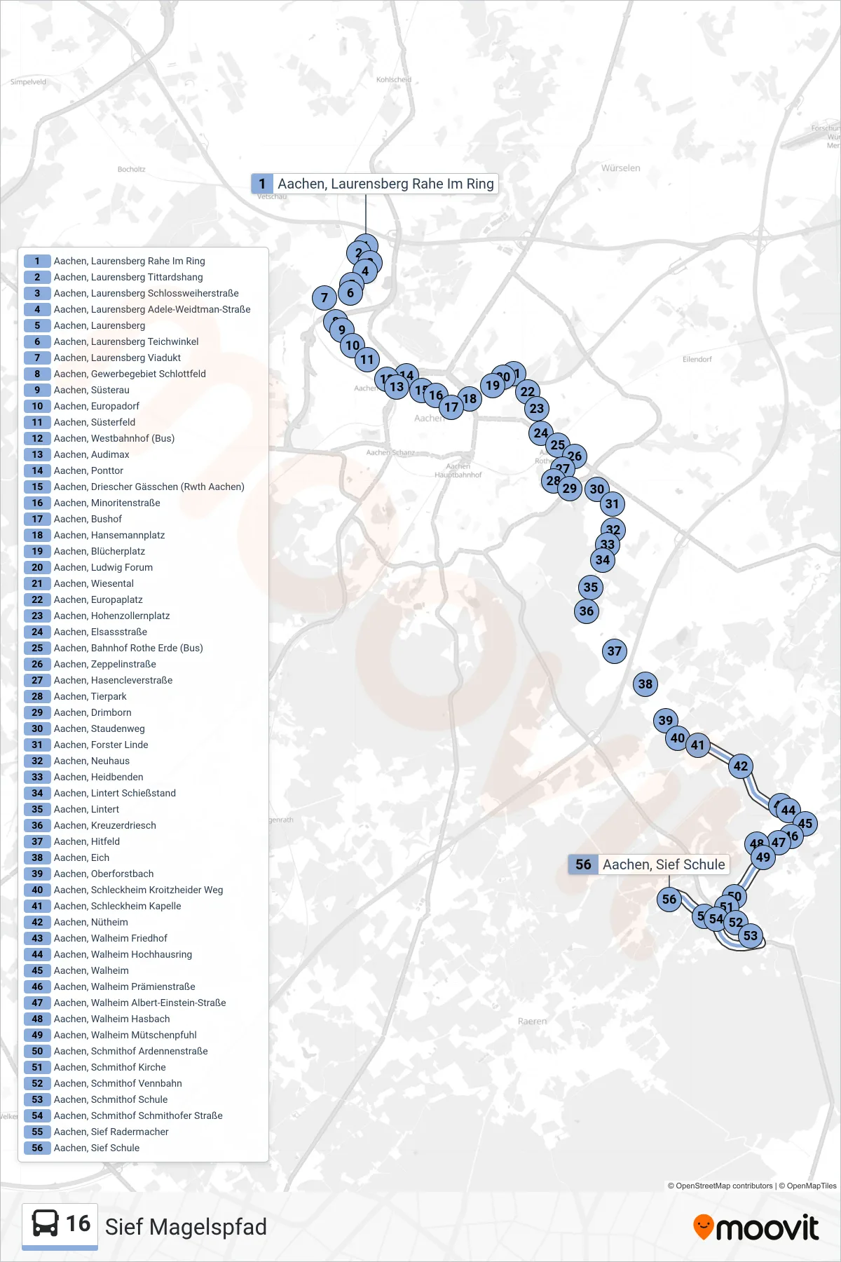 Linie 16 (Bus) Richtung Sief Magelspfad: Route und Haltestellen auf der Karte