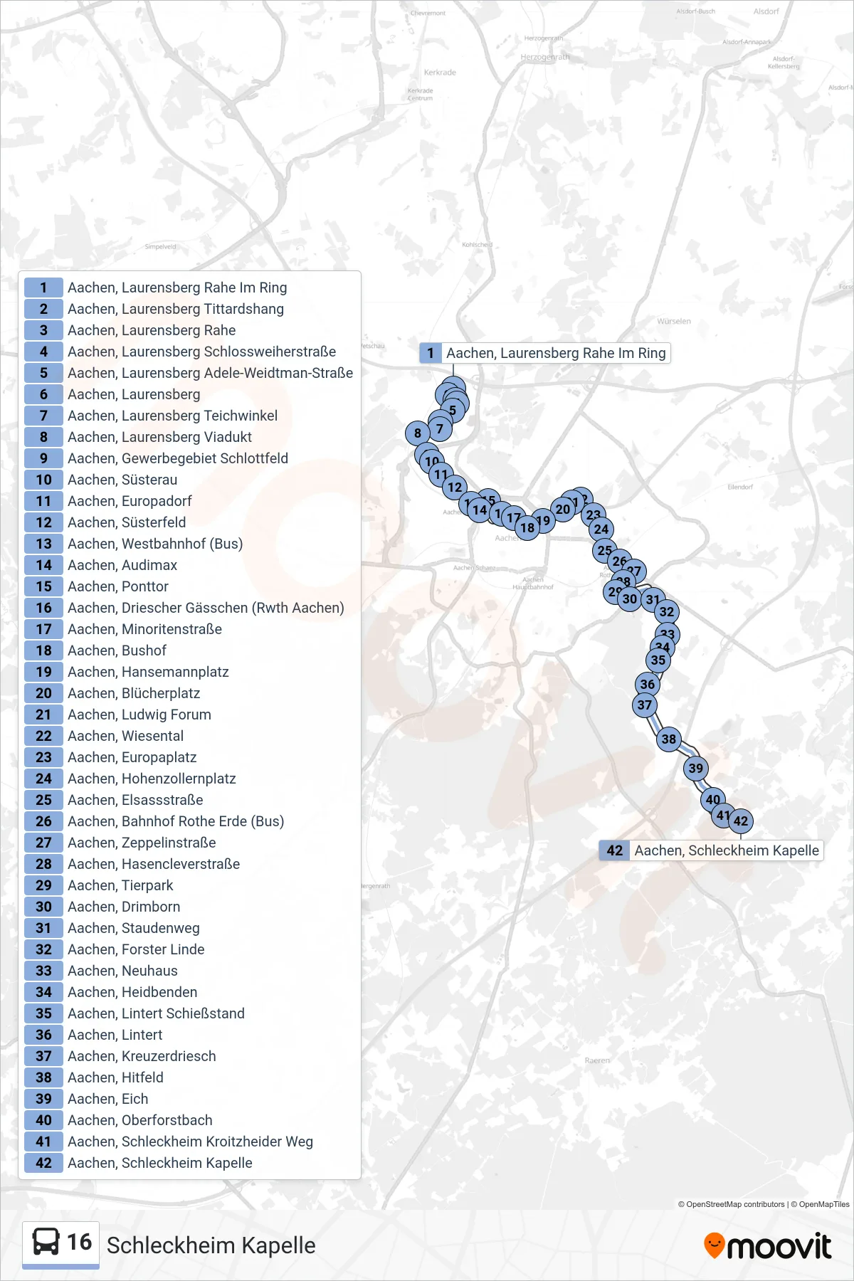 Linie 16 (Bus) Richtung Schleckheim Kapelle: Route und Haltestellen auf der Karte