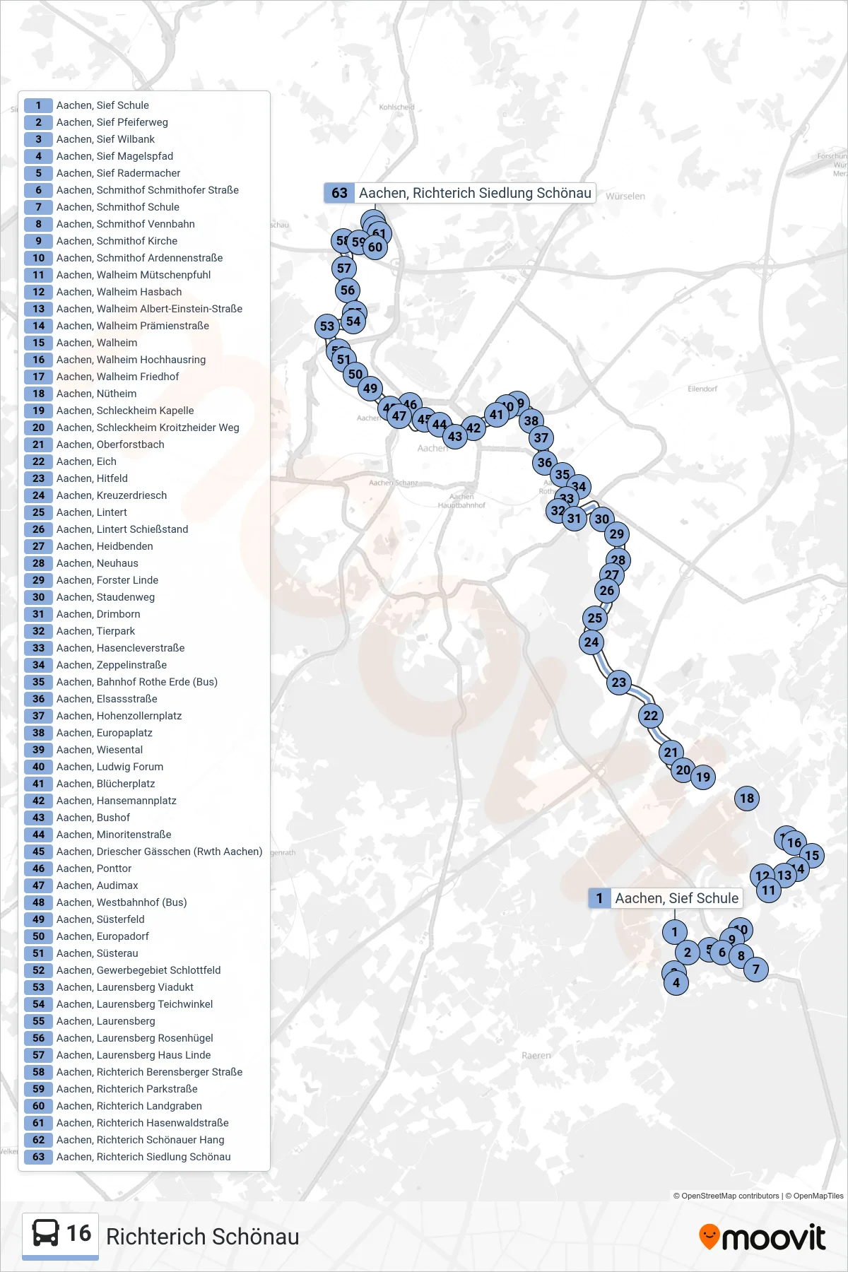 16 bus Line (Richterich Schönau) route and stops on a map