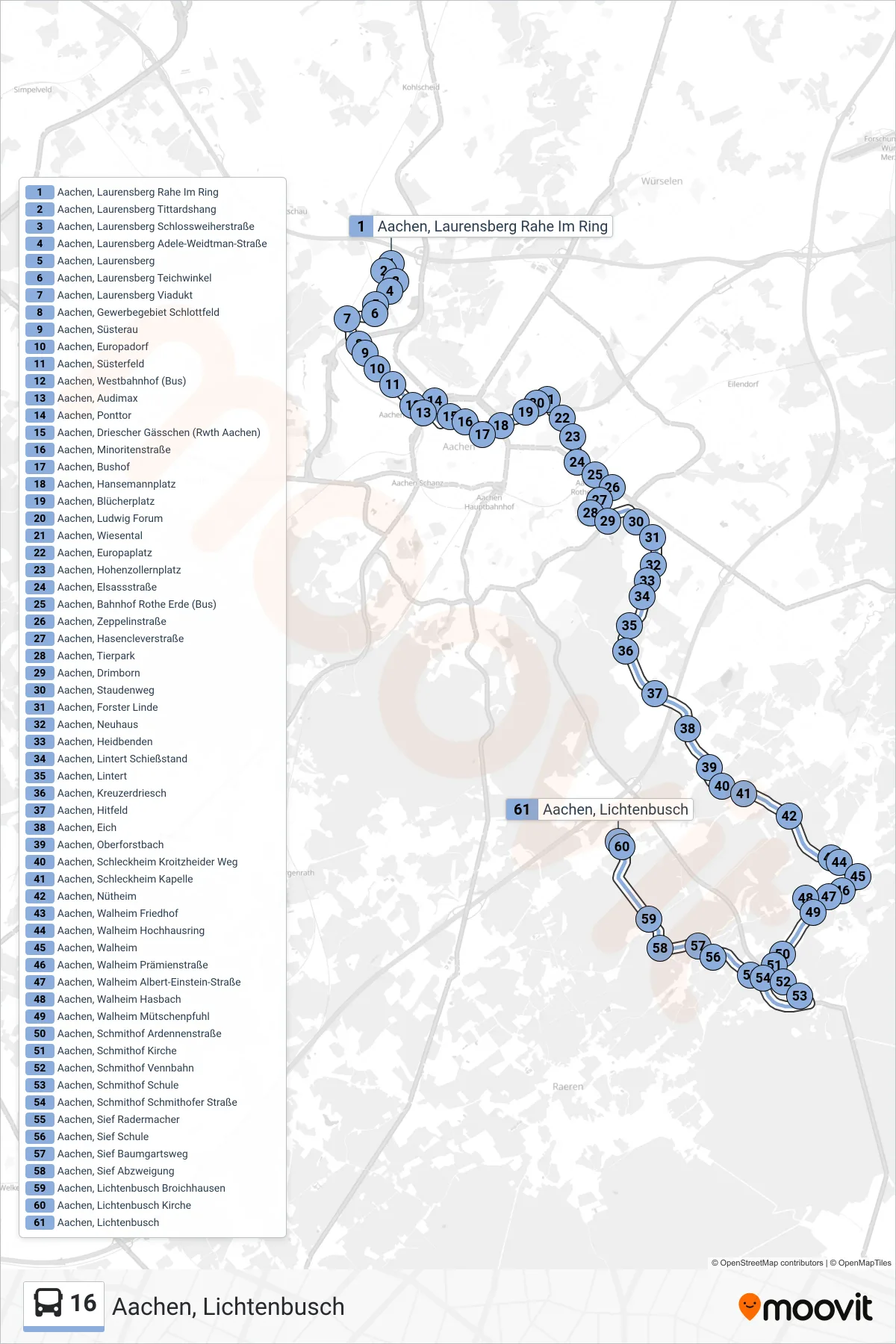 Linie 16 (Bus) Richtung Aachen, Lichtenbusch: Route und Haltestellen auf der Karte