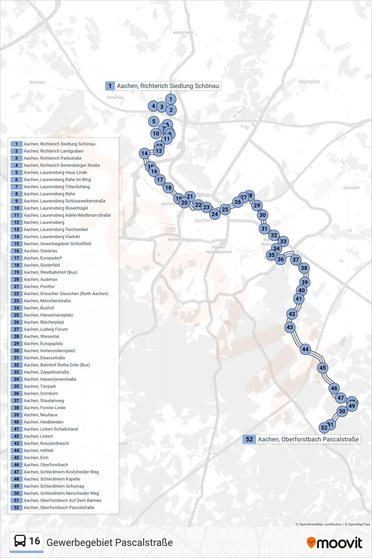 Linie 16 (Bus) Richtung Gewerbegebiet Pascalstraße: Route und Haltestellen auf der Karte
