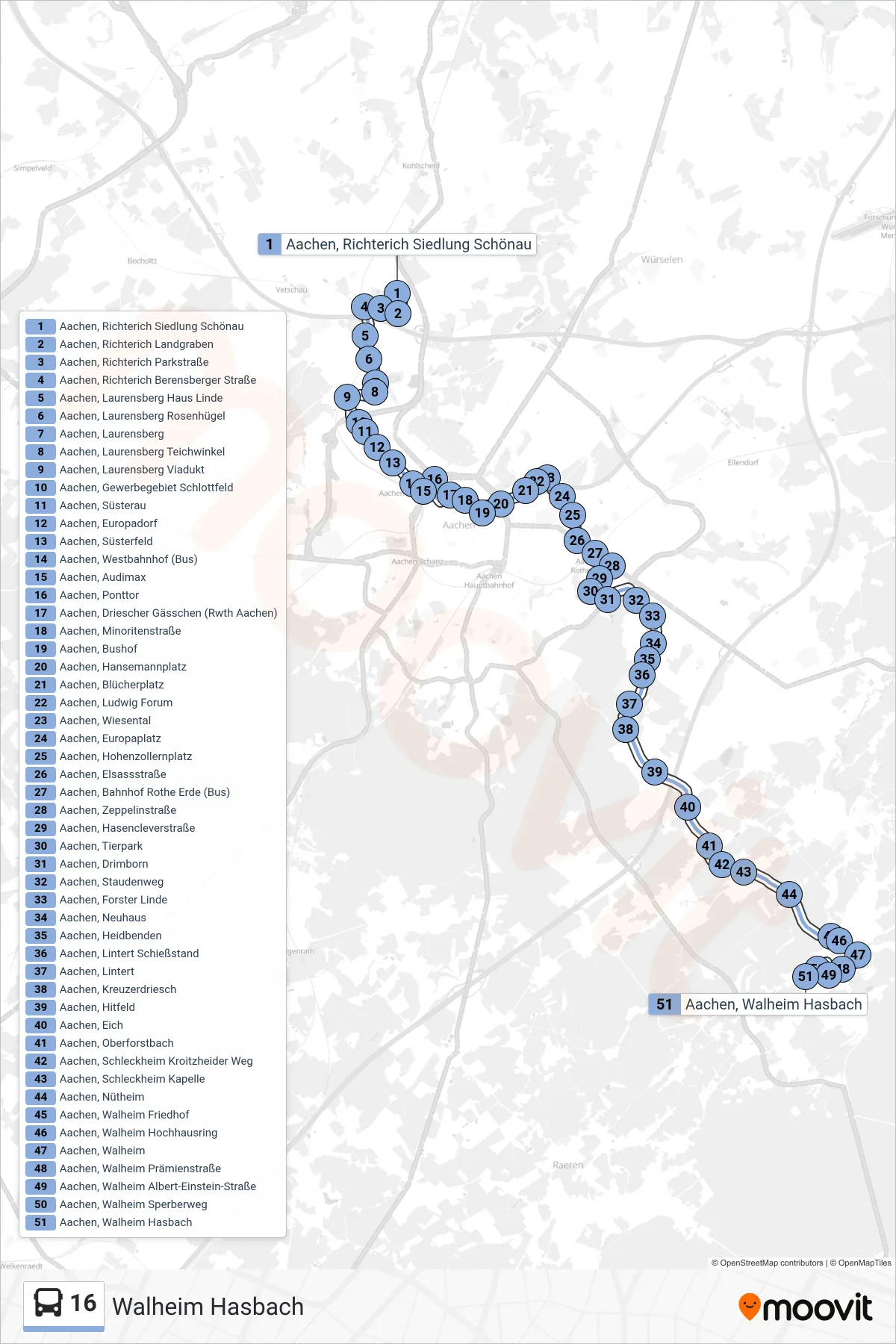 16 bus Line (Walheim Hasbach) route and stops on a map