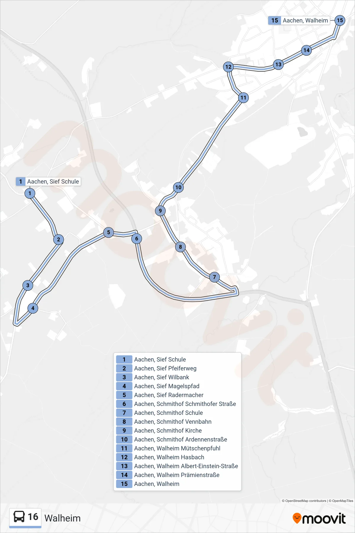 Linie 16 (Bus) Richtung Walheim: Route und Haltestellen auf der Karte