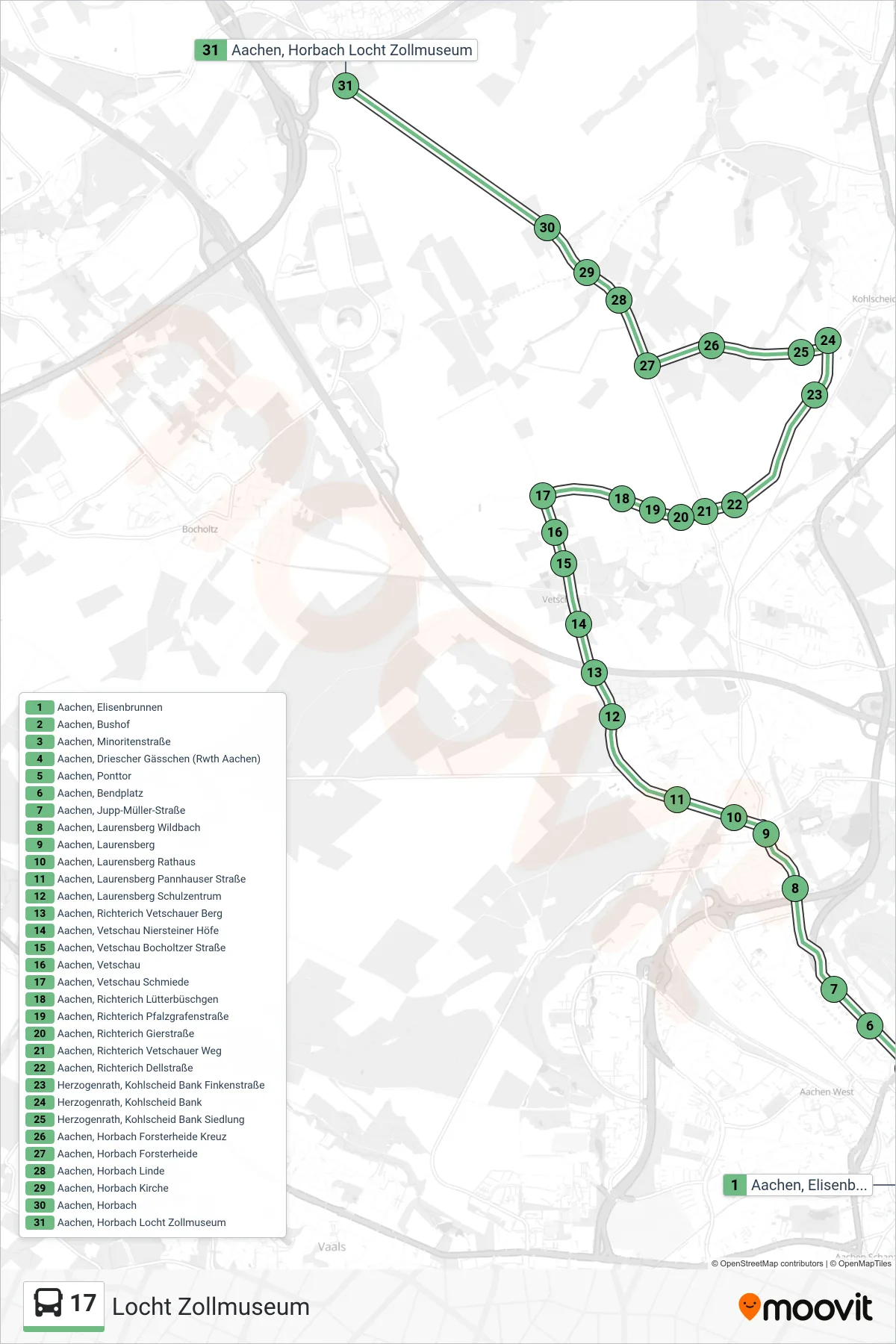 Linie 17 (Bus) Richtung Locht Zollmuseum: Route und Haltestellen auf der Karte