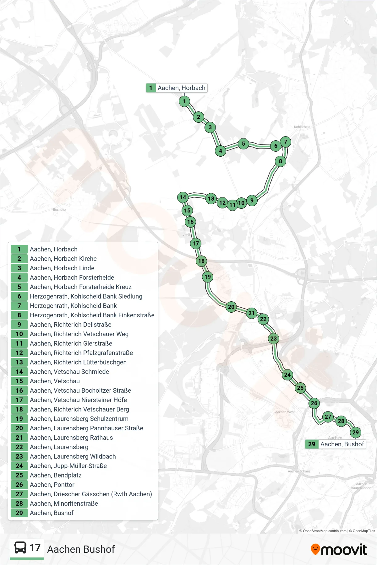 Linie 17 (Bus) Richtung Aachen Bushof: Route und Haltestellen auf der Karte
