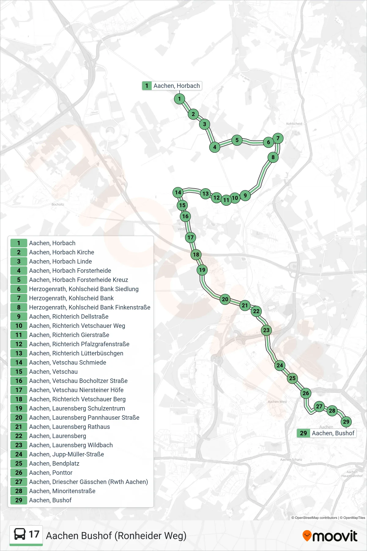 Linie 17 (Bus) Richtung Aachen Bushof (Ronheider Weg): Route und Haltestellen auf der Karte