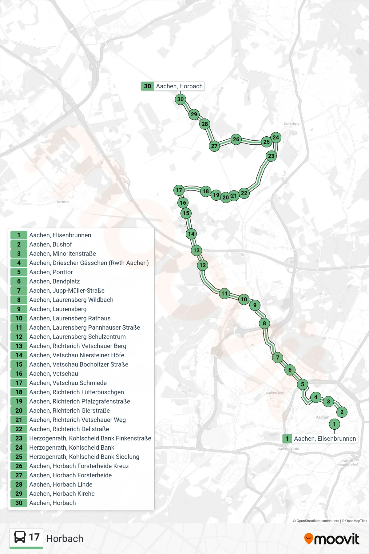 17 bus Line (Horbach) route and stops on a map