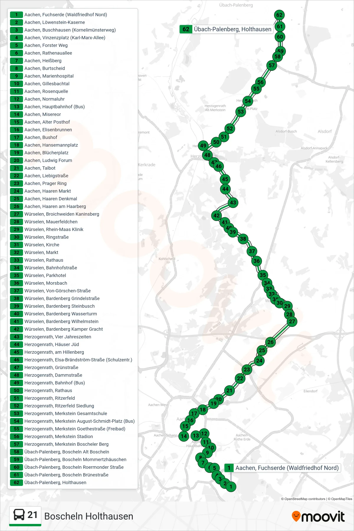 21 bus Line (Boscheln Holthausen) route and stops on a map