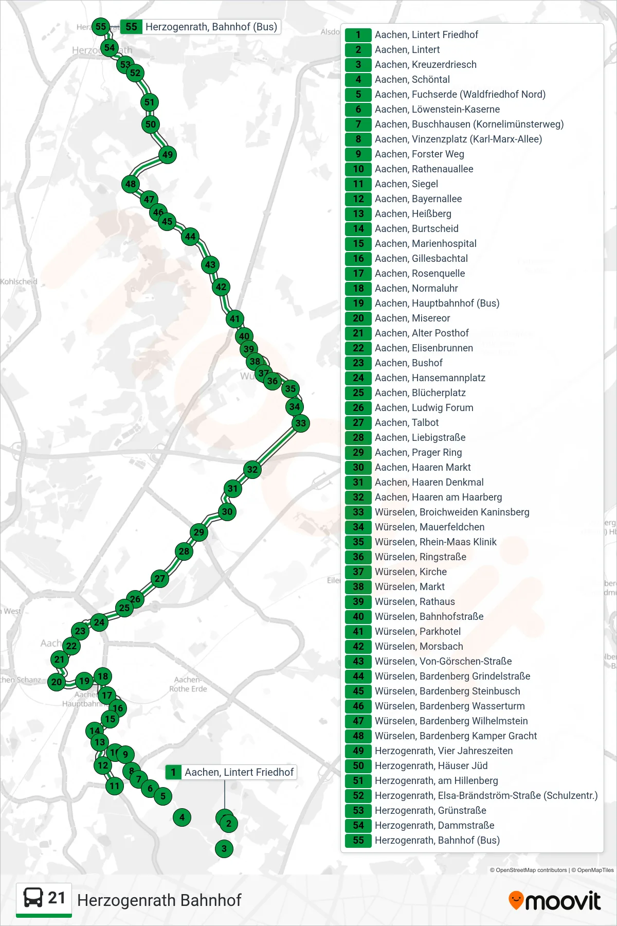 21 bus Line (Herzogenrath Bahnhof) route and stops on a map