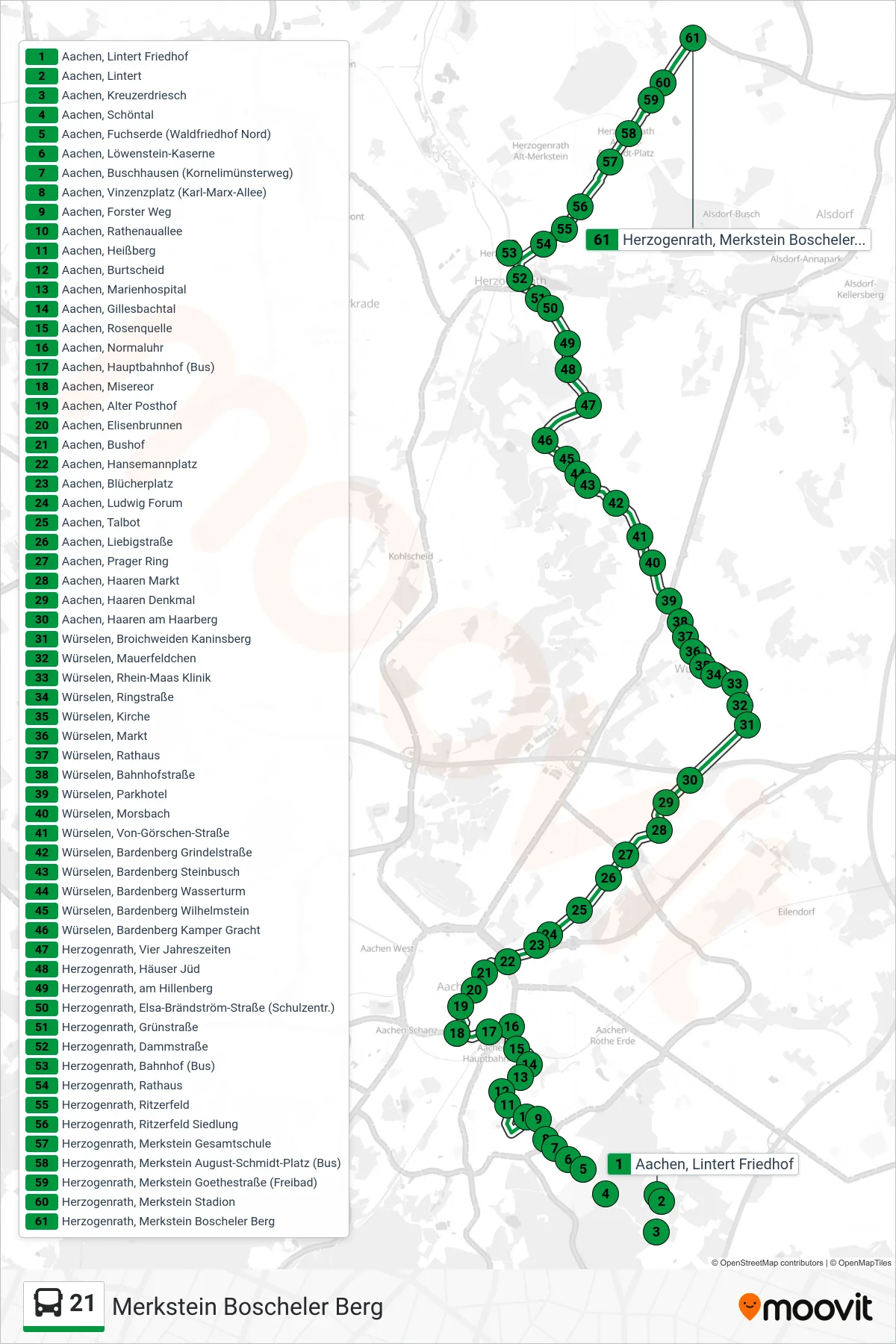 Linie 21 (Bus) Richtung Merkstein Boscheler Berg: Route und Haltestellen auf der Karte