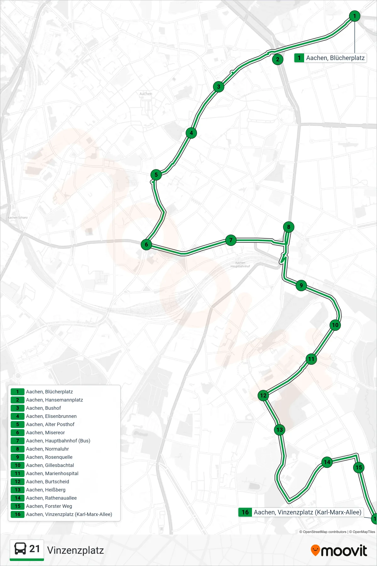 21 bus Line (Vinzenzplatz) route and stops on a map