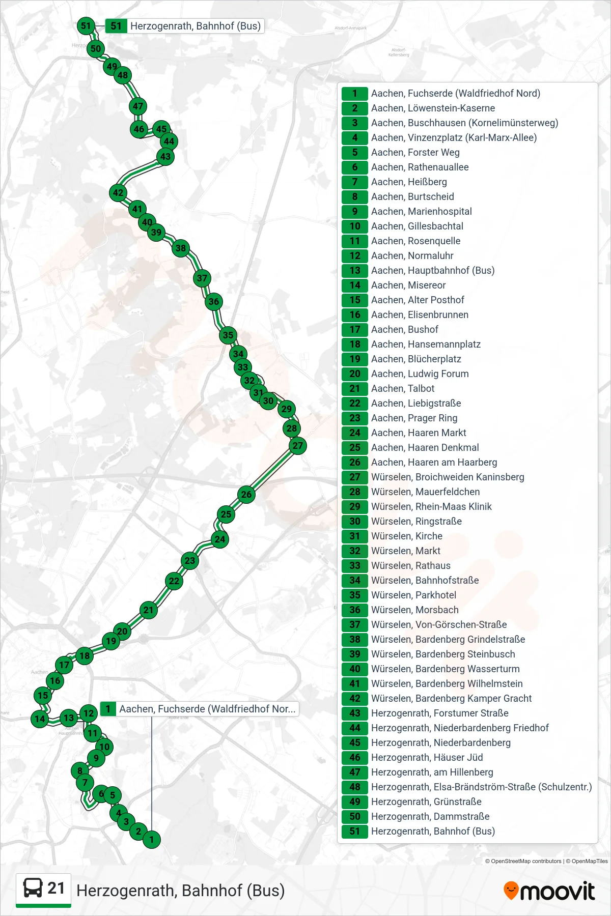 Linie 21 (Bus) Richtung Herzogenrath, Bahnhof (Bus): Route und Haltestellen auf der Karte