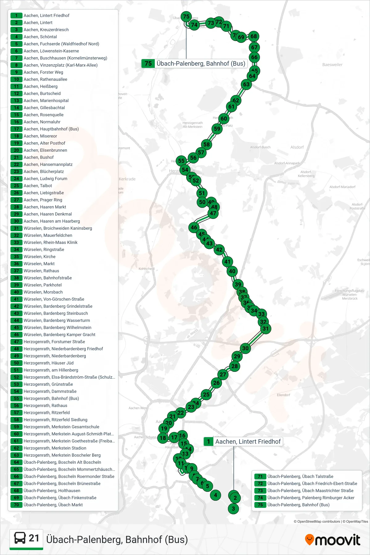 Linie 21 (Bus) Richtung Übach-Palenberg, Bahnhof (Bus): Route und Haltestellen auf der Karte