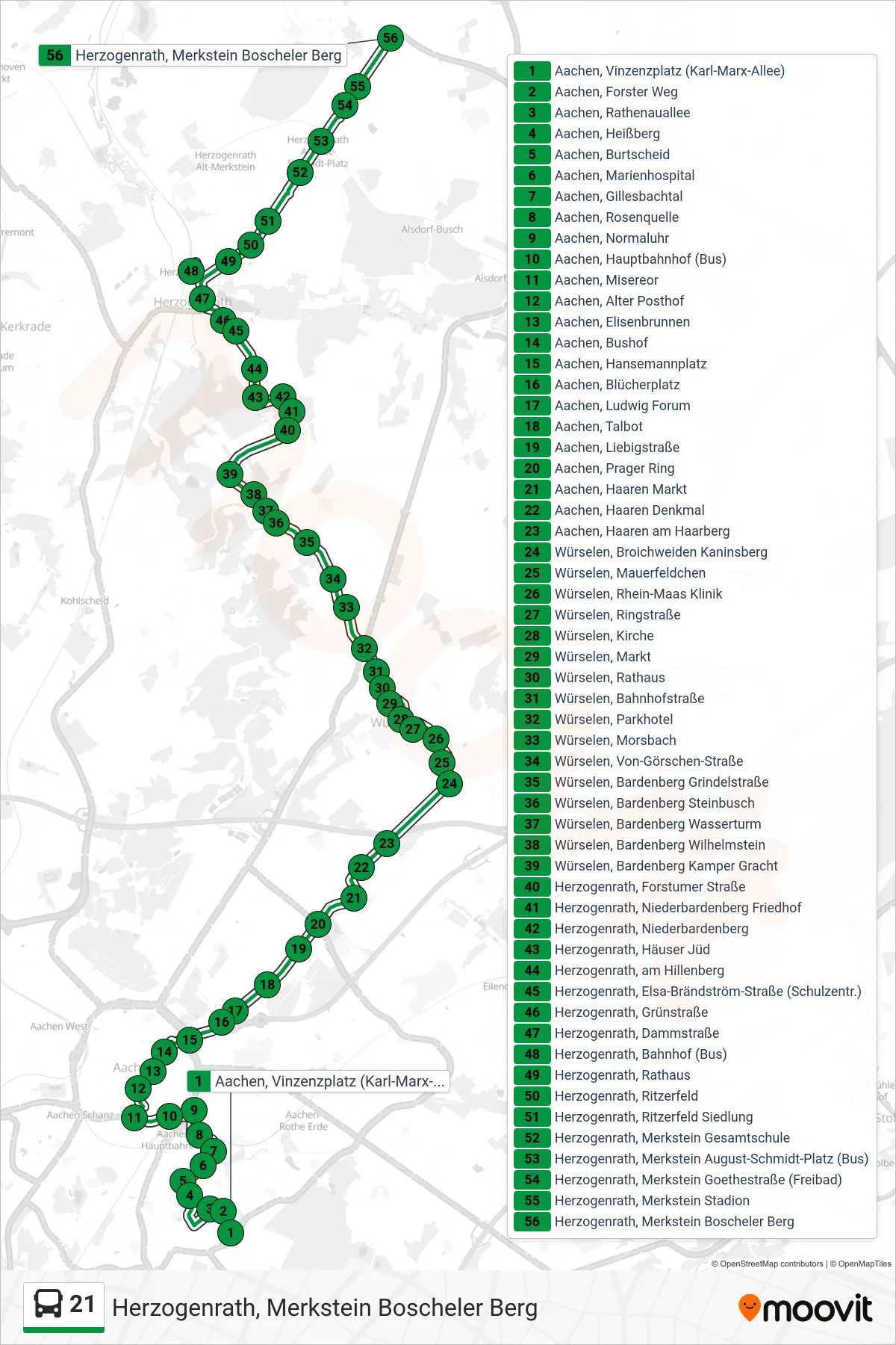 21 bus Line (Herzogenrath, Merkstein Boscheler Berg) route and stops on a map