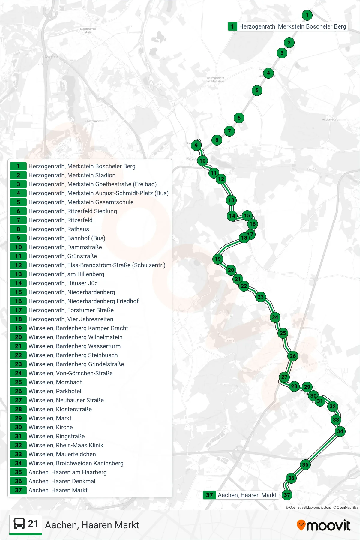 Linie 21 (Bus) Richtung Aachen, Haaren Markt: Route und Haltestellen auf der Karte