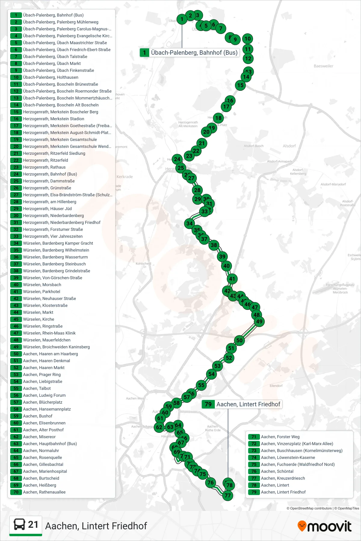 Linie 21 (Bus) Richtung Aachen, Lintert Friedhof: Route und Haltestellen auf der Karte