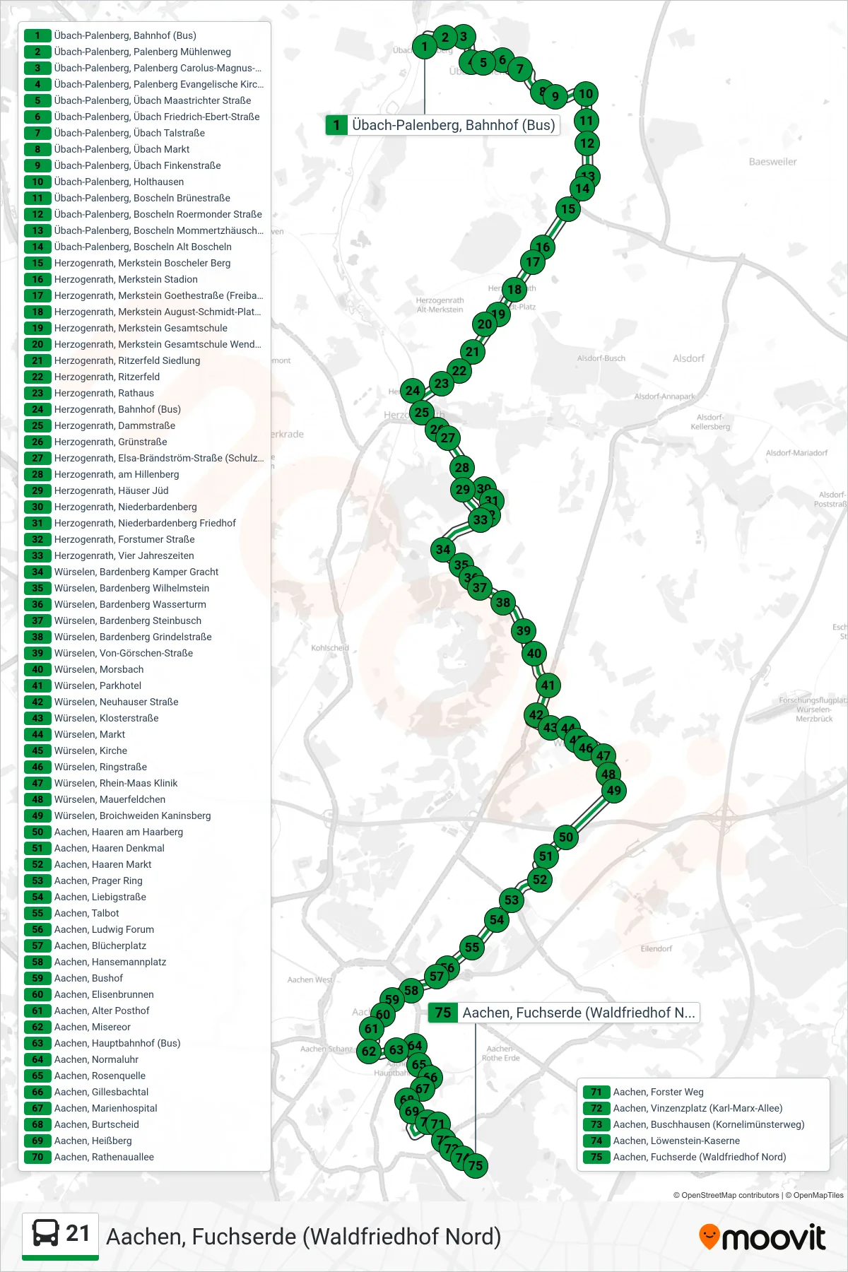 Linie 21 (Bus) Richtung Aachen, Fuchserde (Waldfriedhof Nord): Route und Haltestellen auf der Karte