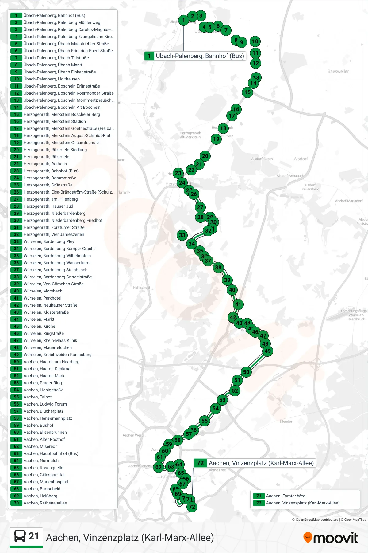 Linie 21 (Bus) Richtung Aachen, Vinzenzplatz (Karl-Marx-Allee): Route und Haltestellen auf der Karte