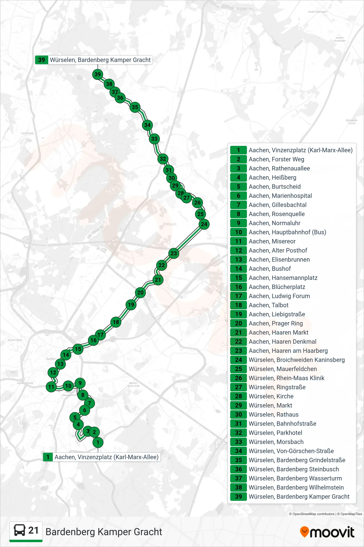 Linie 21 (Bus) Richtung Bardenberg Kamper Gracht: Route und Haltestellen auf der Karte