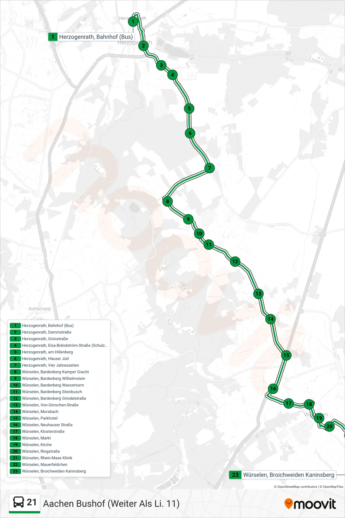 Linie 21 (Bus) Richtung Aachen Bushof (Weiter Als Li. 11): Route und Haltestellen auf der Karte