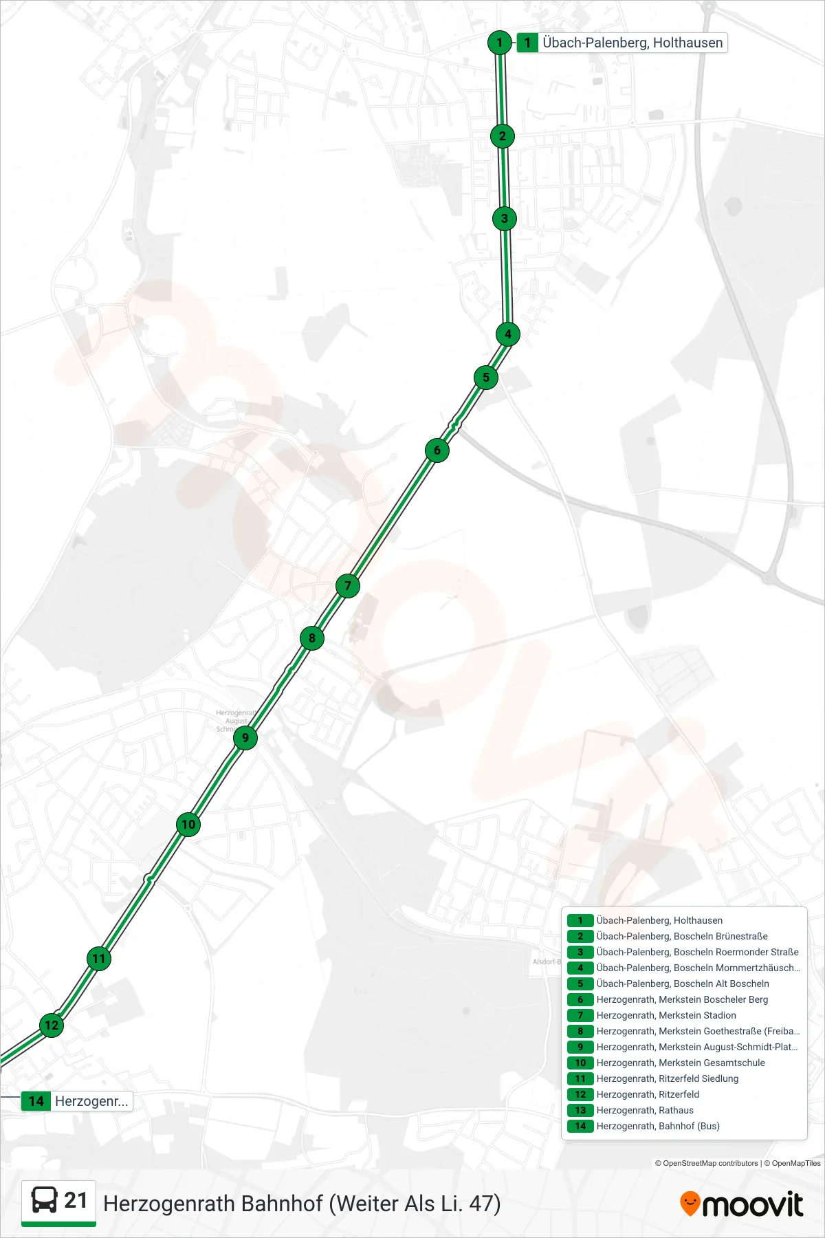 Linie 21 (Bus) Richtung Herzogenrath Bahnhof (Weiter Als Li. 47): Route und Haltestellen auf der Karte