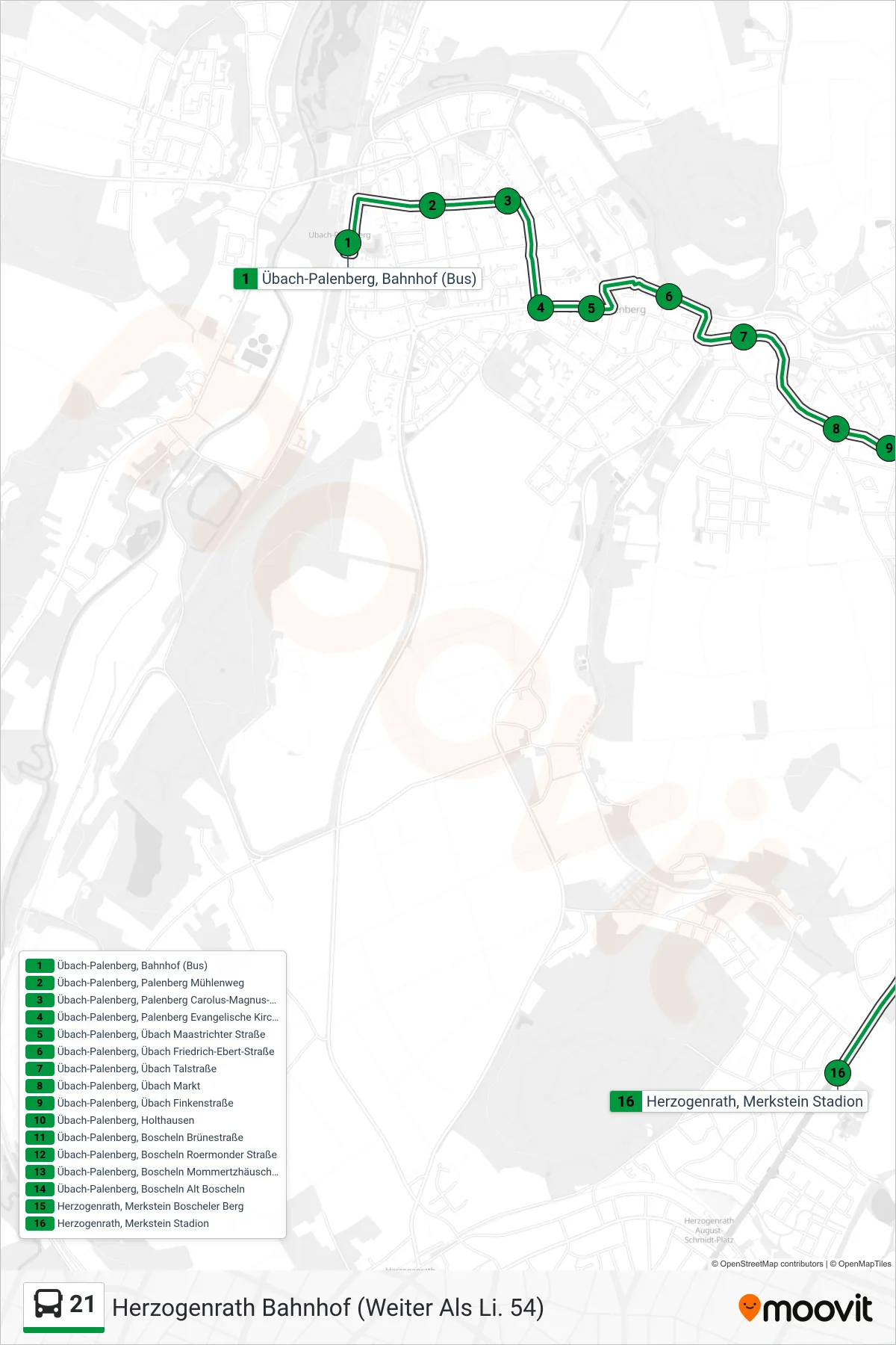 Linie 21 (Bus) Richtung Herzogenrath Bahnhof (Weiter Als Li. 54): Route und Haltestellen auf der Karte