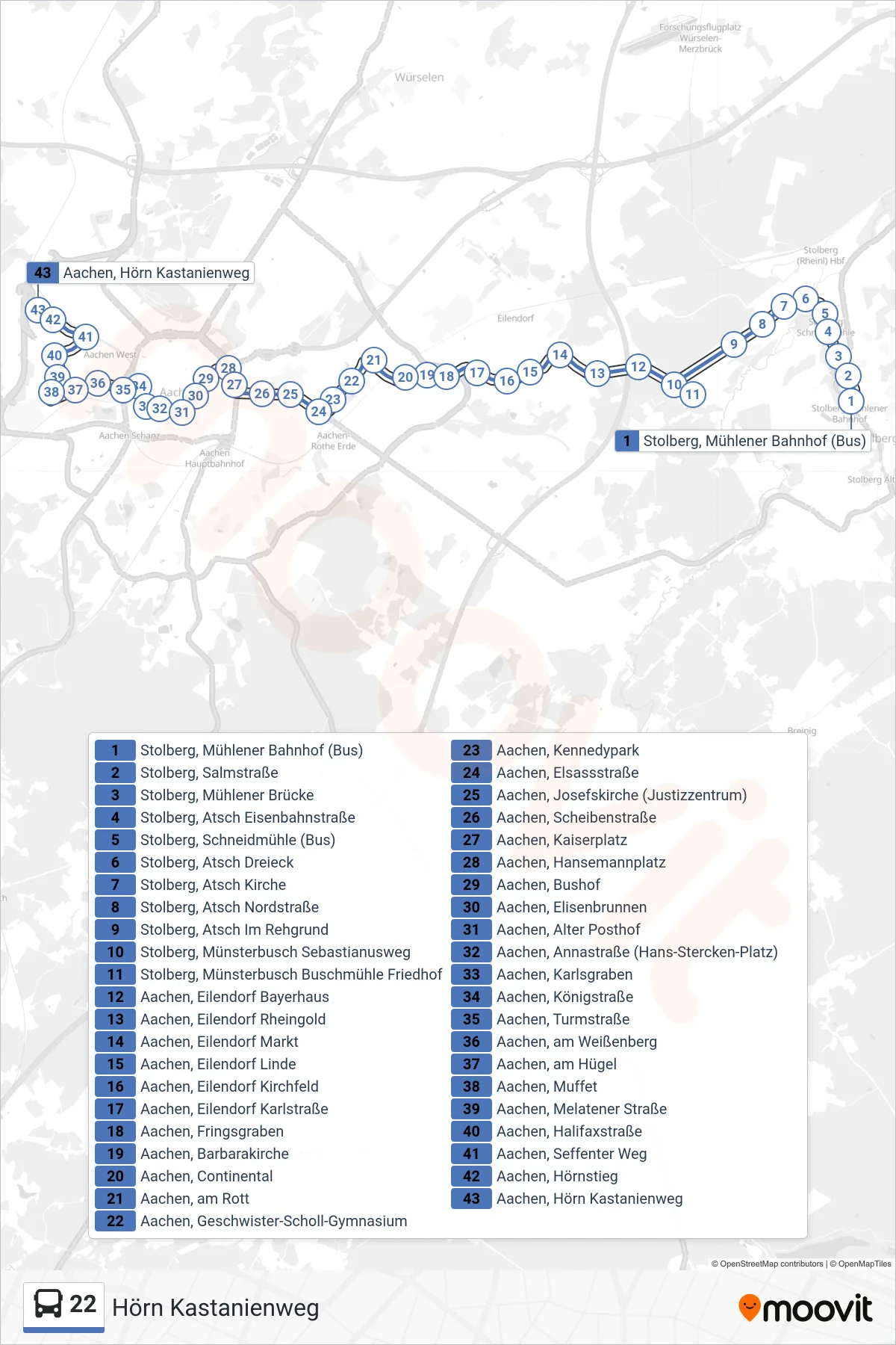Linie 22 (Bus) Richtung Hörn Kastanienweg: Route und Haltestellen auf der Karte