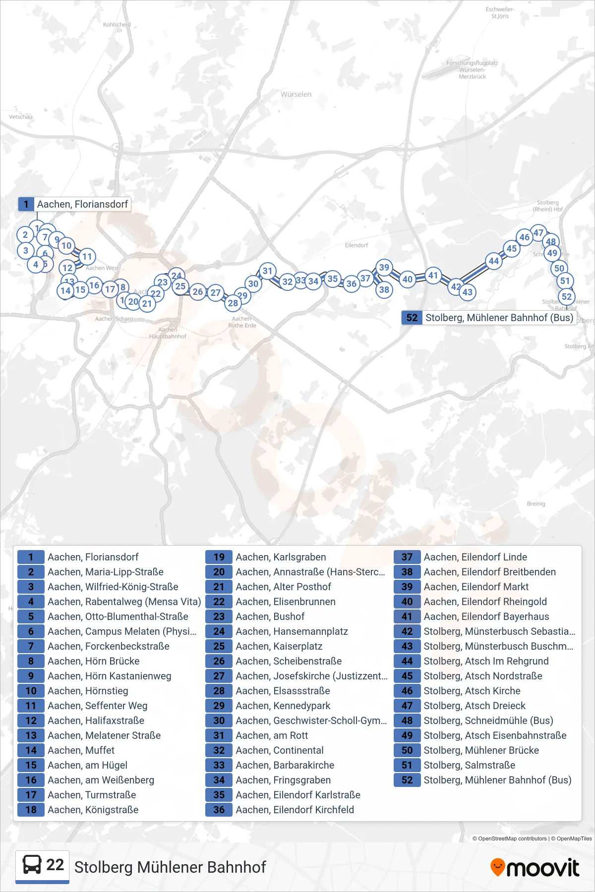 Linie 22 (Bus) Richtung Stolberg Mühlener Bahnhof: Route und Haltestellen auf der Karte
