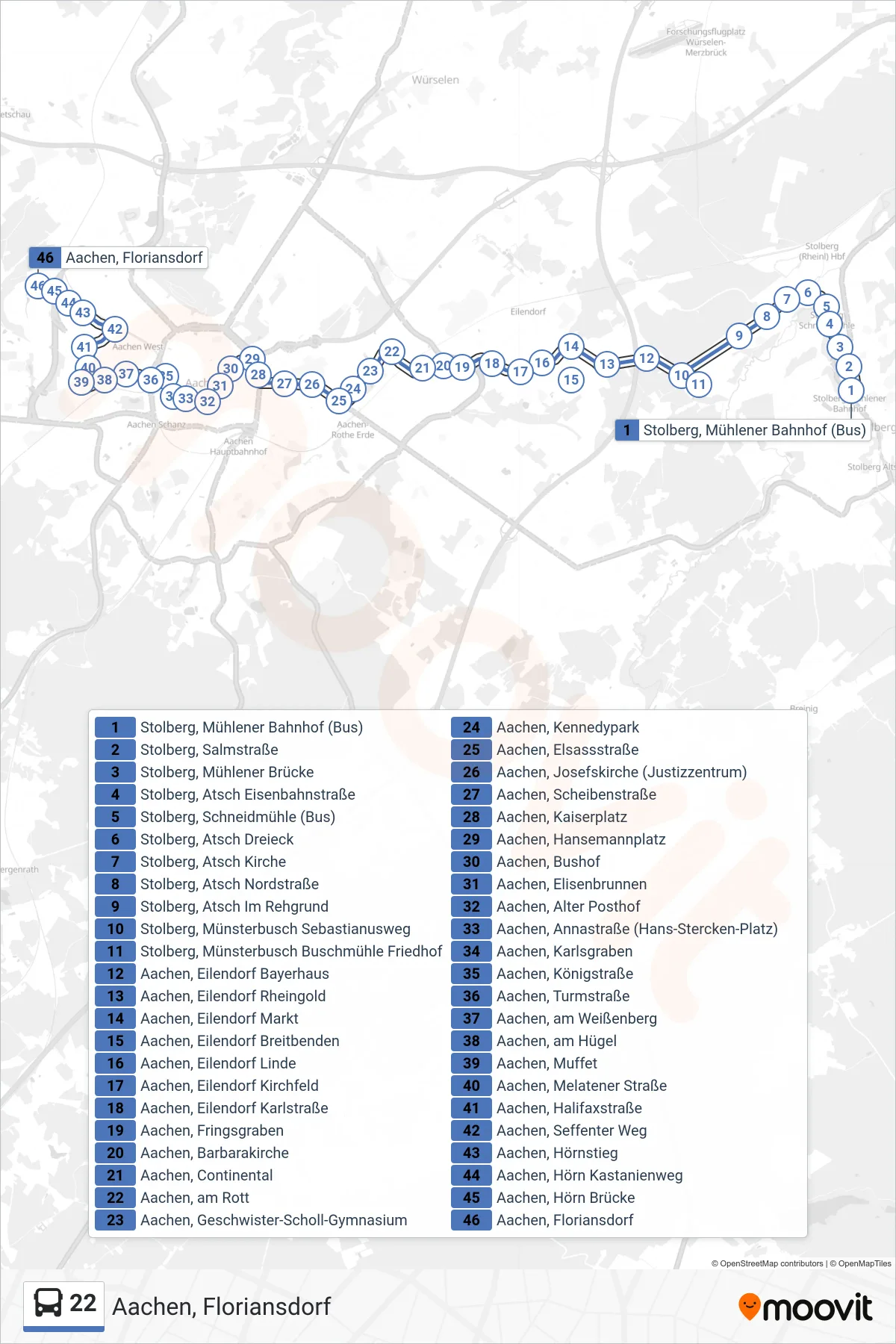 Linie 22 (Bus) Richtung Aachen, Floriansdorf: Route und Haltestellen auf der Karte