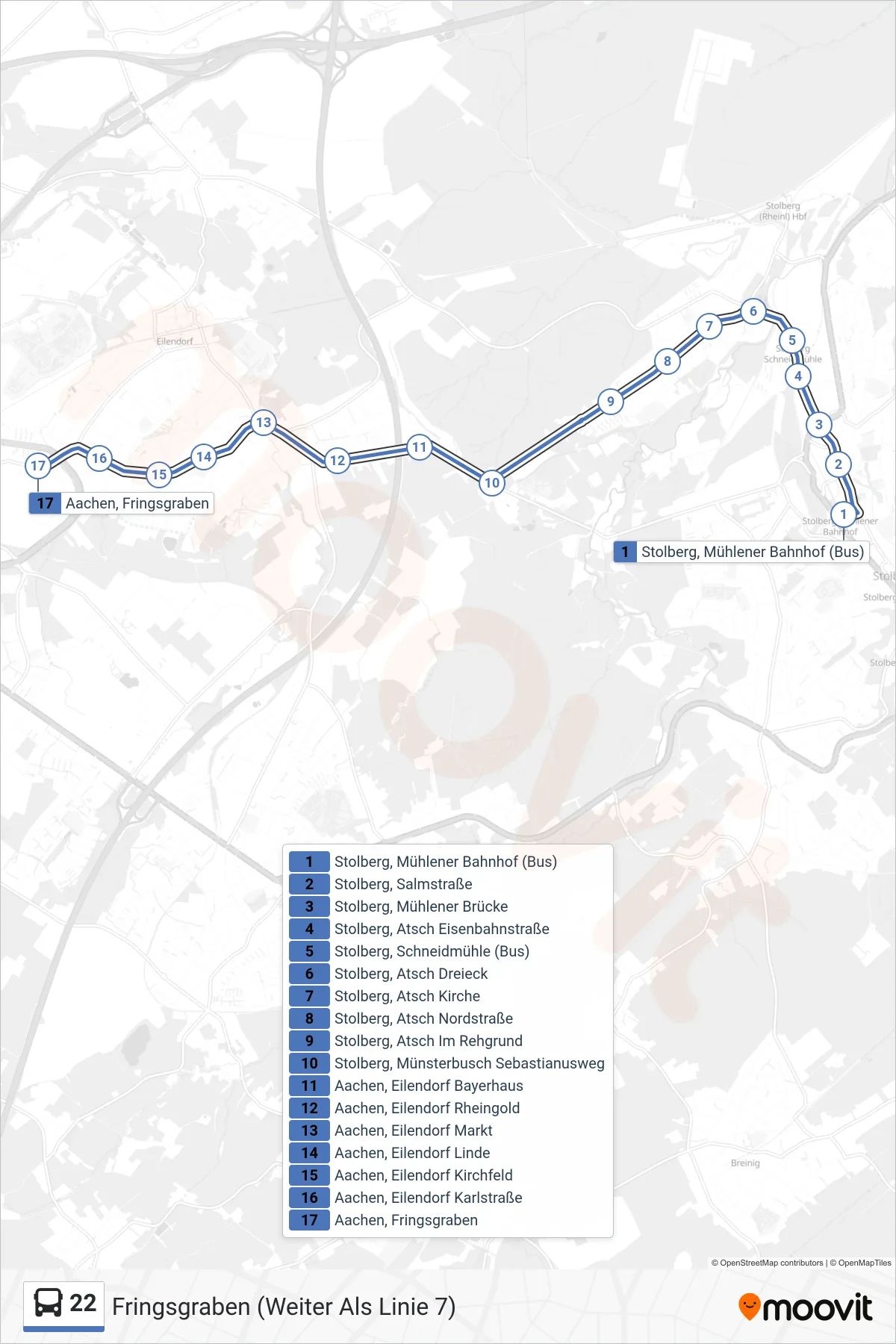 22 bus Line (Fringsgraben (Weiter Als Linie 7)) route and stops on a map
