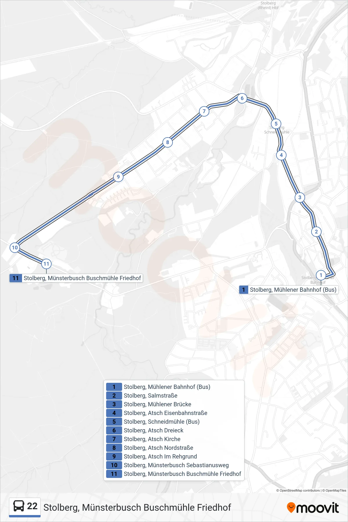 Linie 22 (Bus) Richtung Stolberg, Münsterbusch Buschmühle Friedhof: Route und Haltestellen auf der Karte