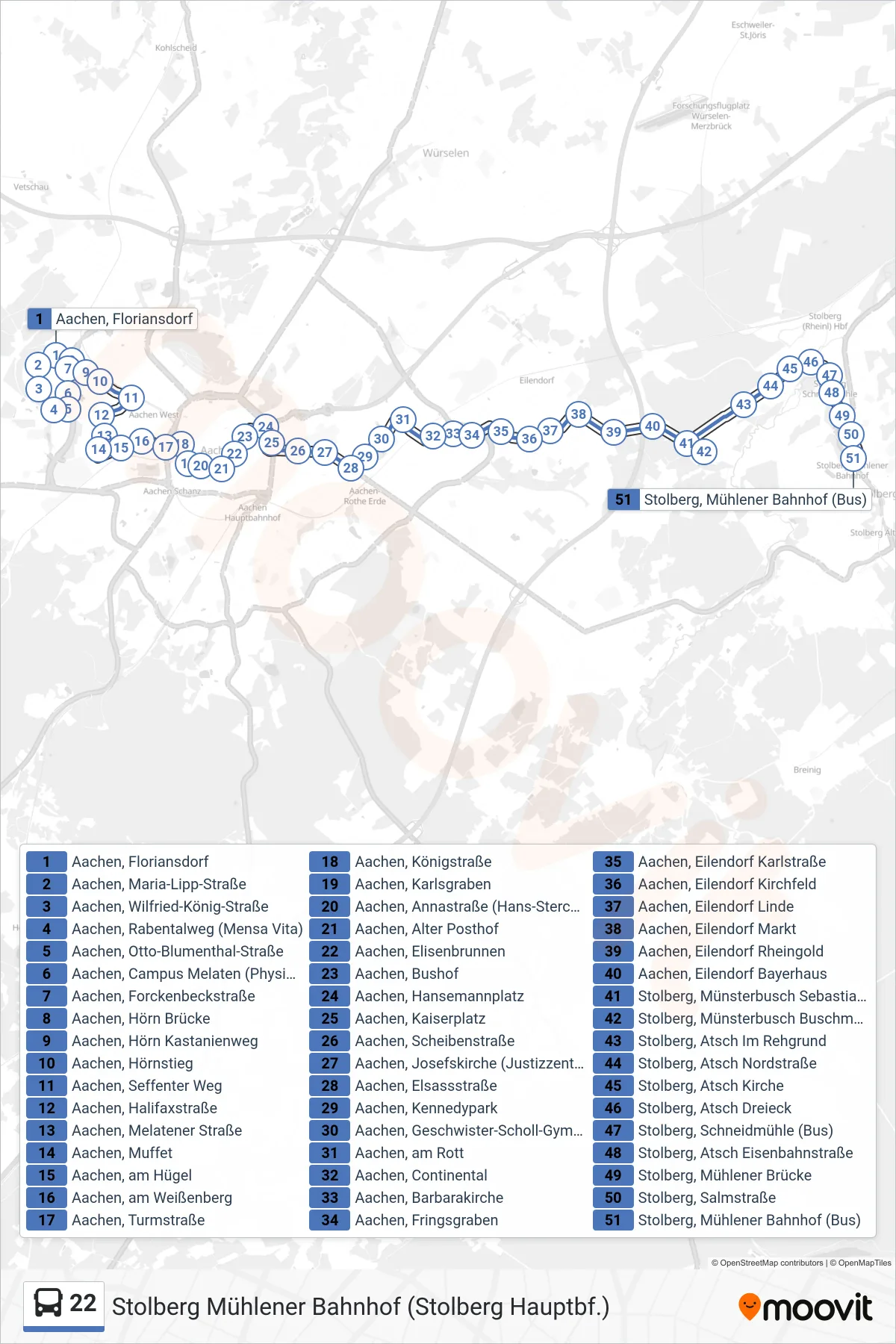 Linie 22 (Bus) Richtung Stolberg Mühlener Bahnhof (Stolberg Hauptbf.): Route und Haltestellen auf der Karte