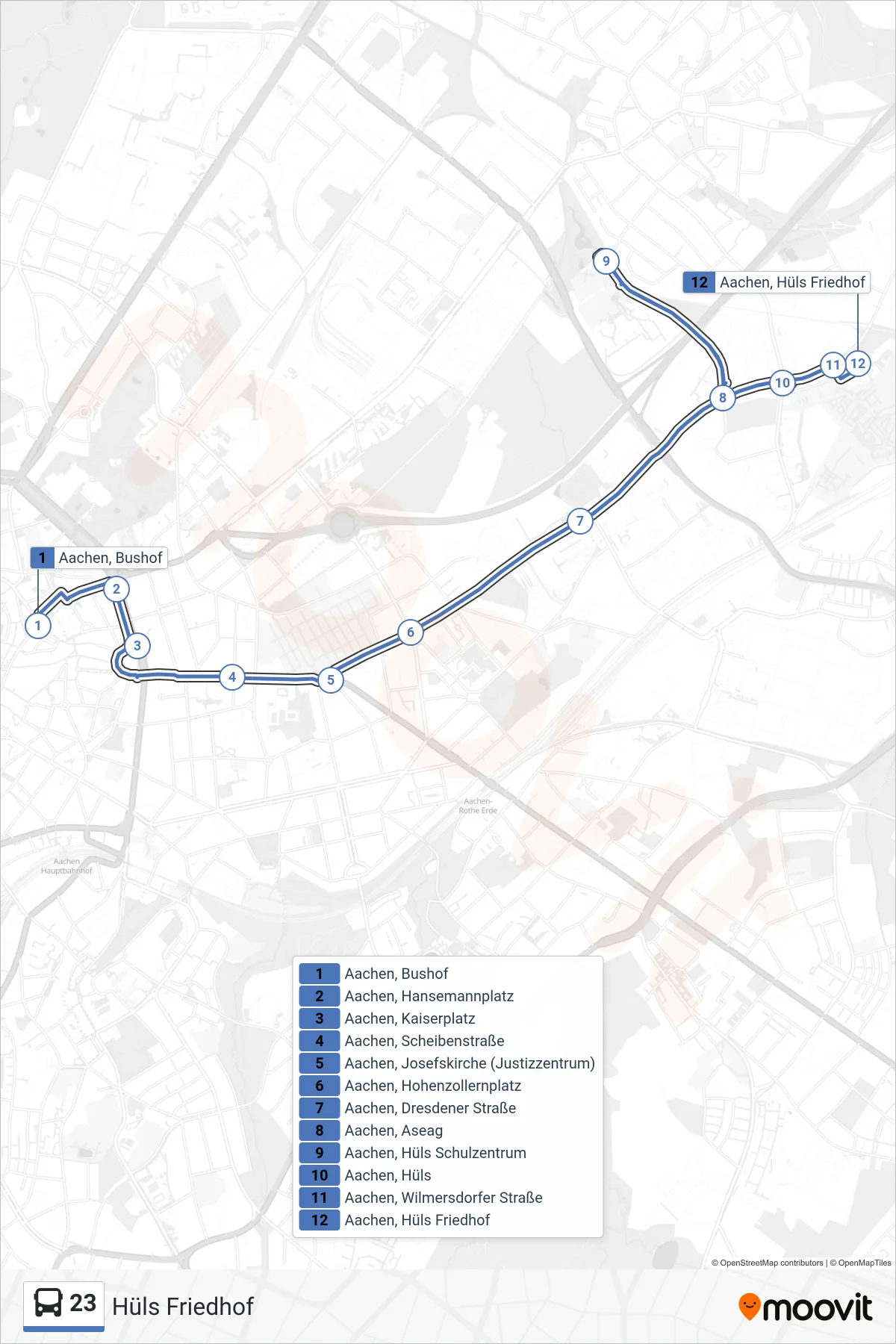 Linie 23 (Bus) Richtung Hüls Friedhof: Route und Haltestellen auf der Karte