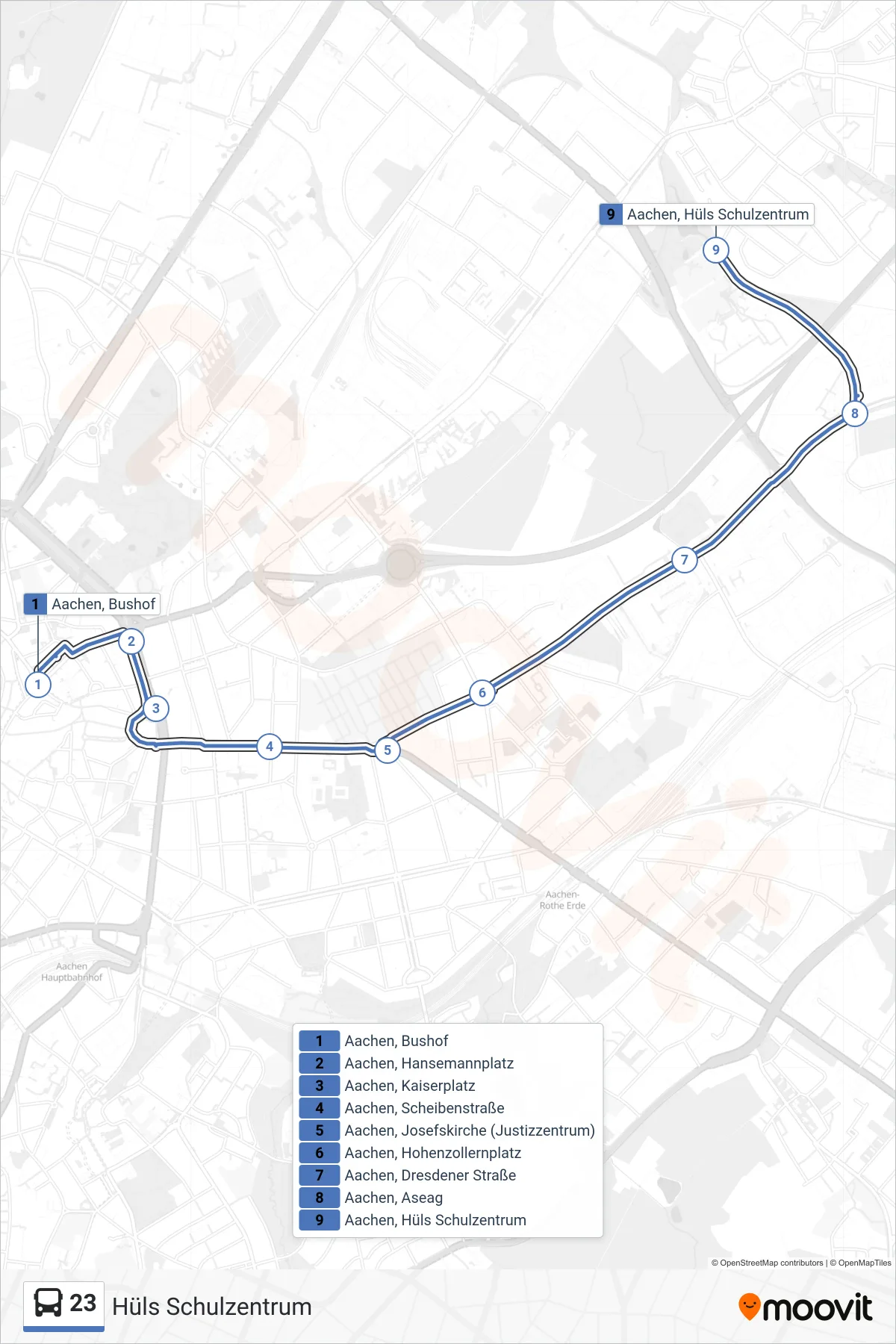 23 bus Line (Hüls Schulzentrum) route and stops on a map