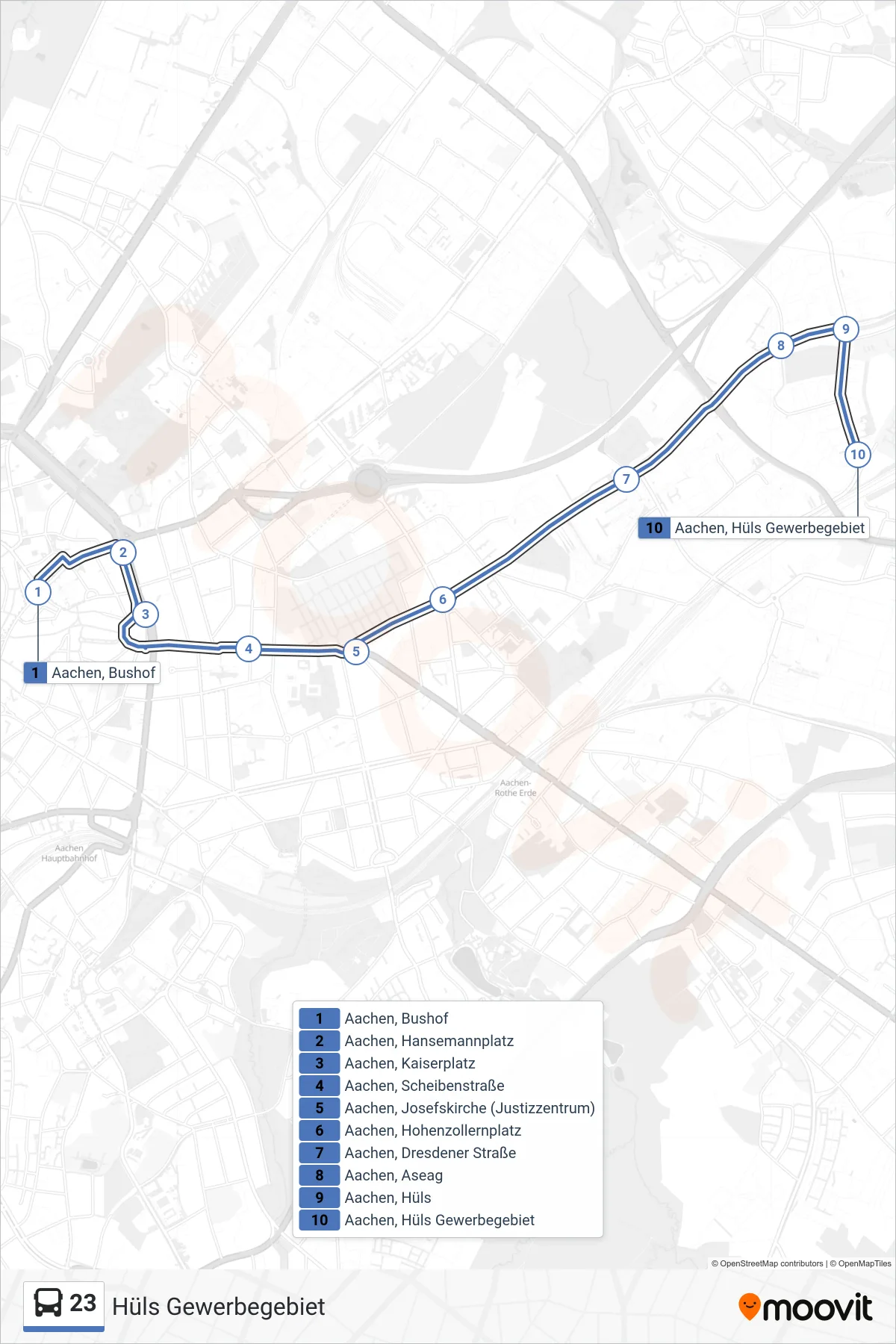 Linie 23 (Bus) Richtung Hüls Gewerbegebiet: Route und Haltestellen auf der Karte
