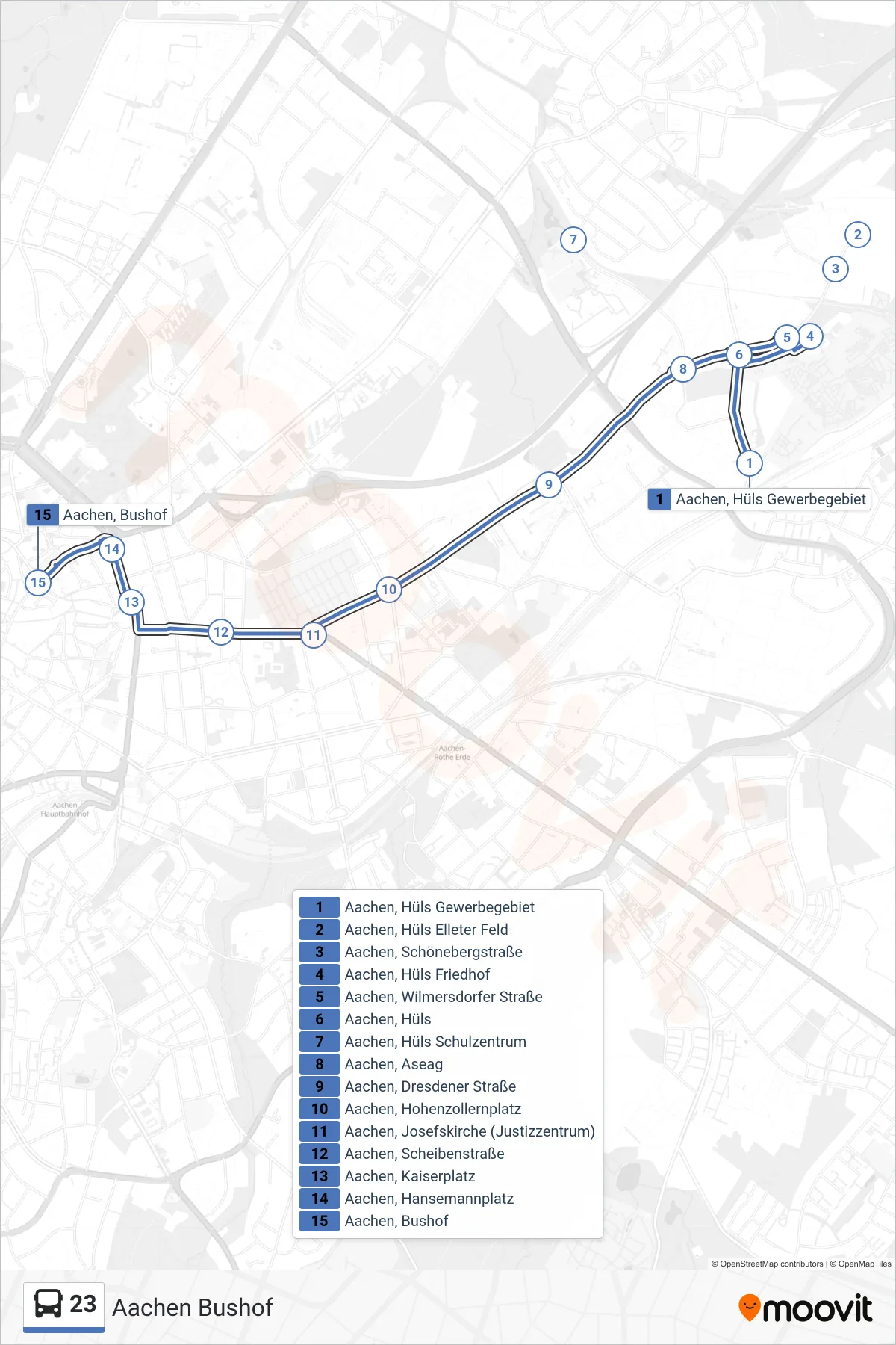 Linie 23 (Bus) Richtung Aachen Bushof: Route und Haltestellen auf der Karte