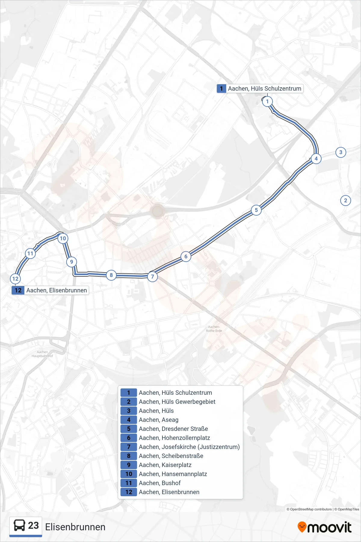 23 bus Line (Elisenbrunnen) route and stops on a map