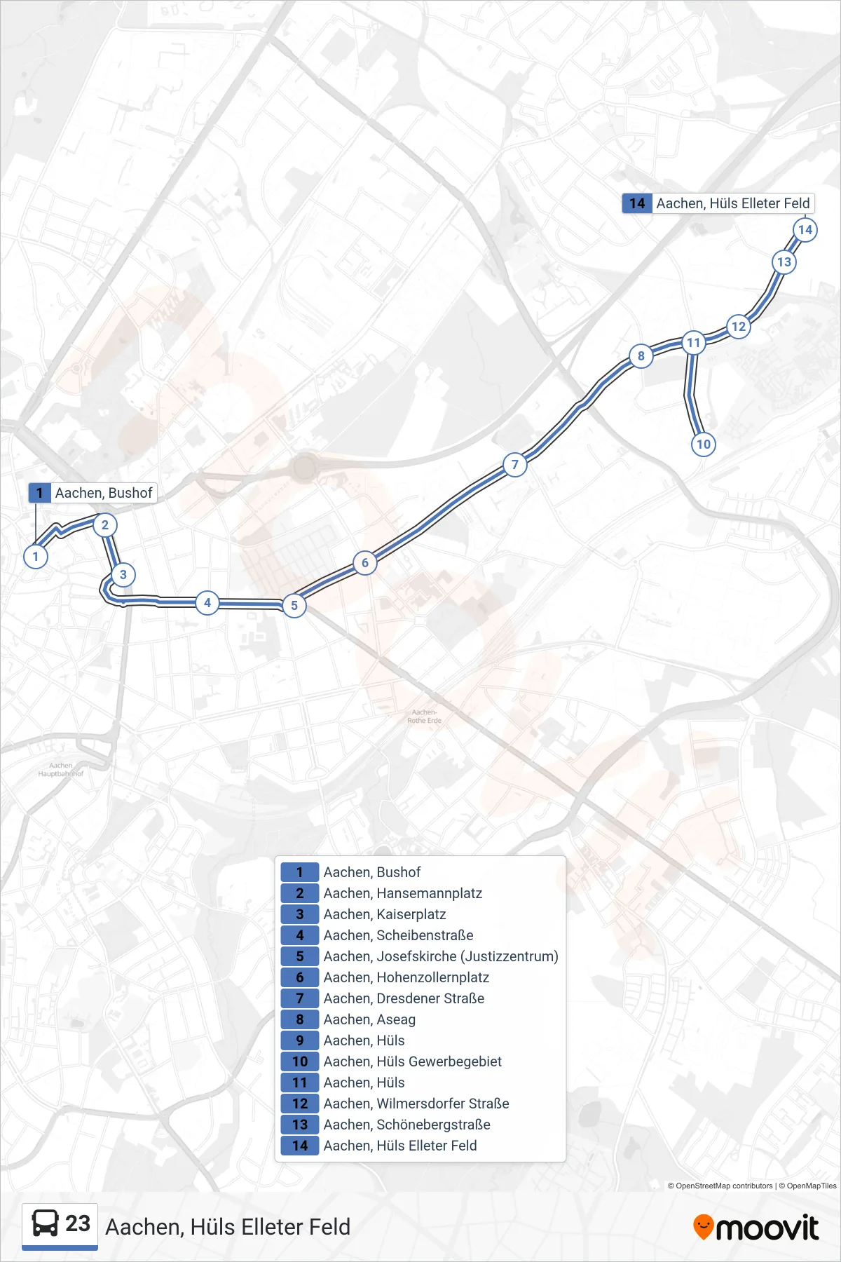 Linie 23 (Bus) Richtung Aachen, Hüls Elleter Feld: Route und Haltestellen auf der Karte