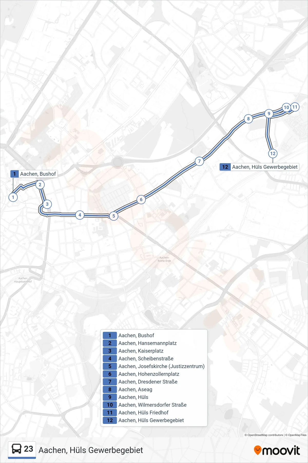 Linie 23 (Bus) Richtung Aachen, Hüls Gewerbegebiet: Route und Haltestellen auf der Karte